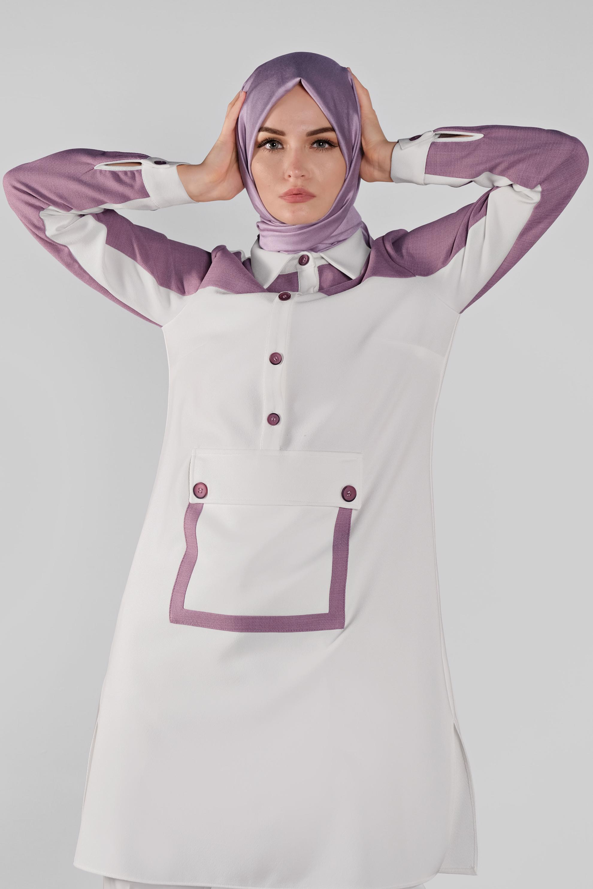 Tesettür giyim MOR DÜĞMELİ CEPLİ TUNİK 41123 