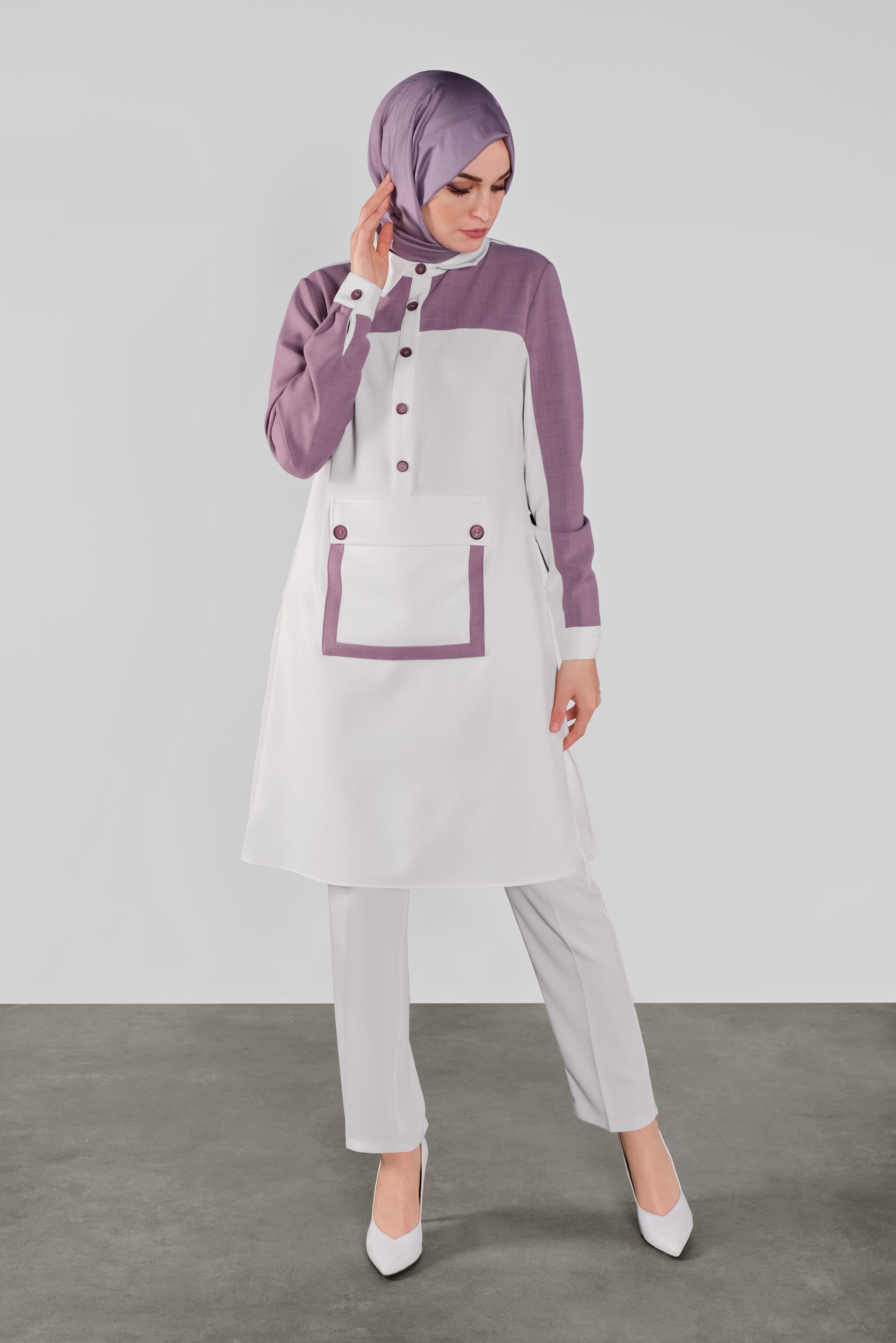 Tesettür giyim MOR DÜĞMELİ CEPLİ TUNİK 41123 