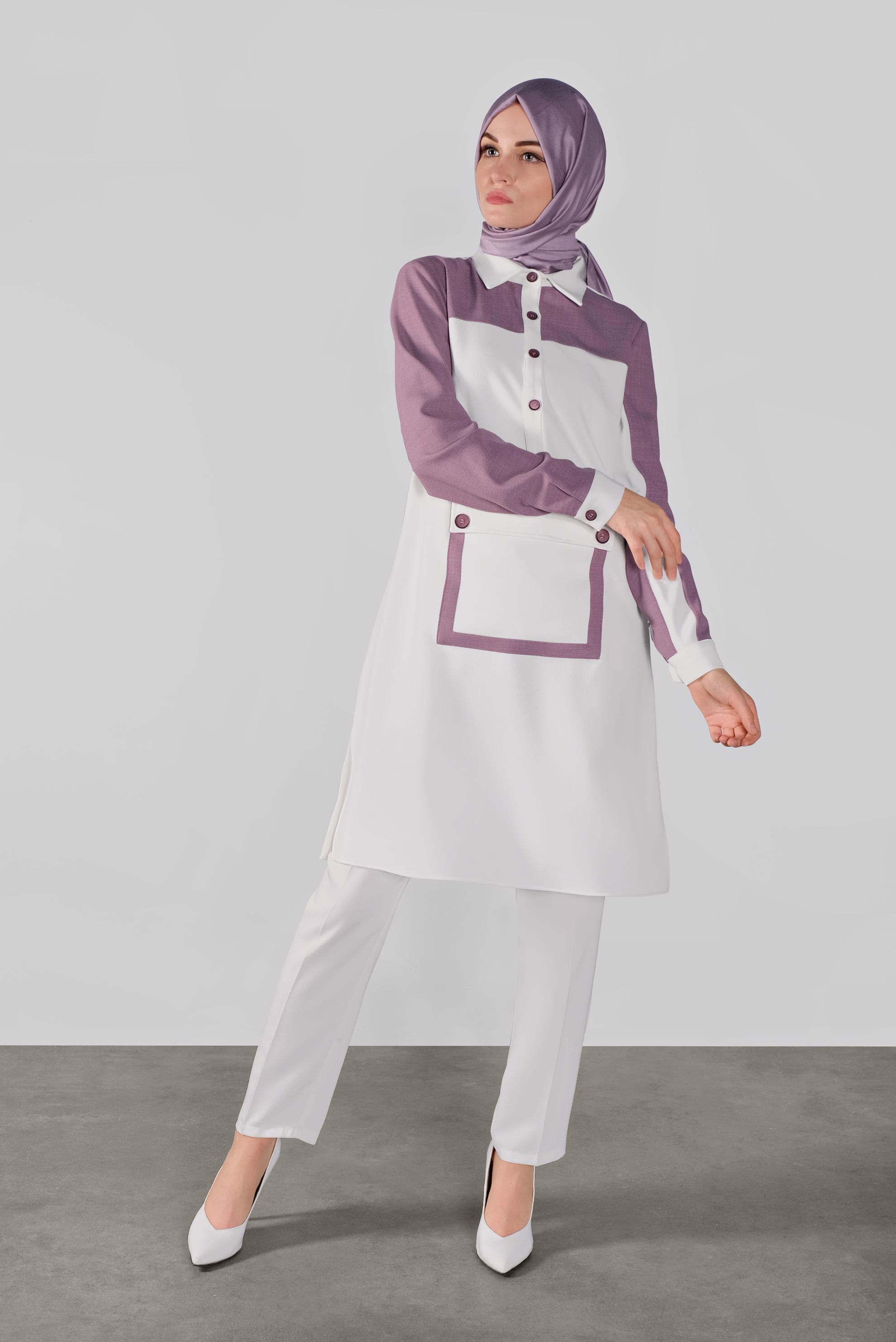 Tesettür giyim MOR DÜĞMELİ CEPLİ TUNİK 41123 