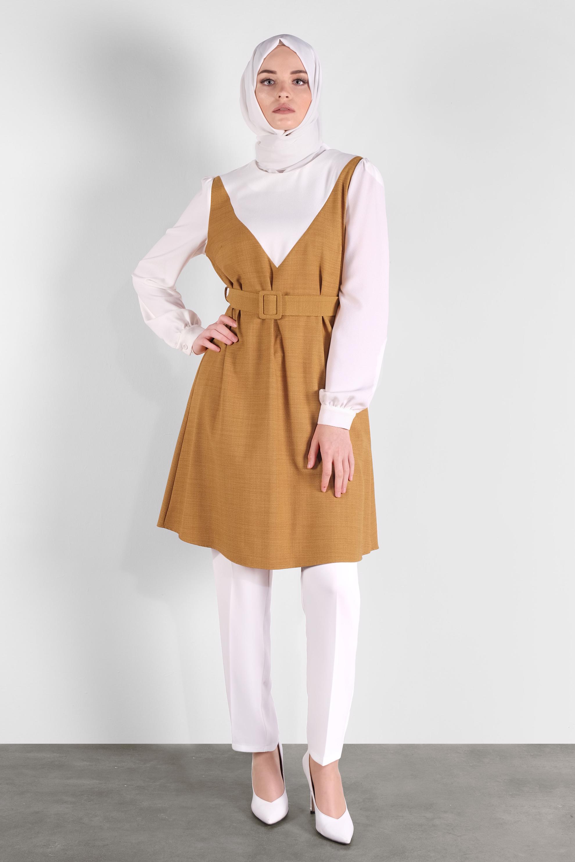 Tesettür giyim SARI BELİ KEMERLİ TUNİK 41124 