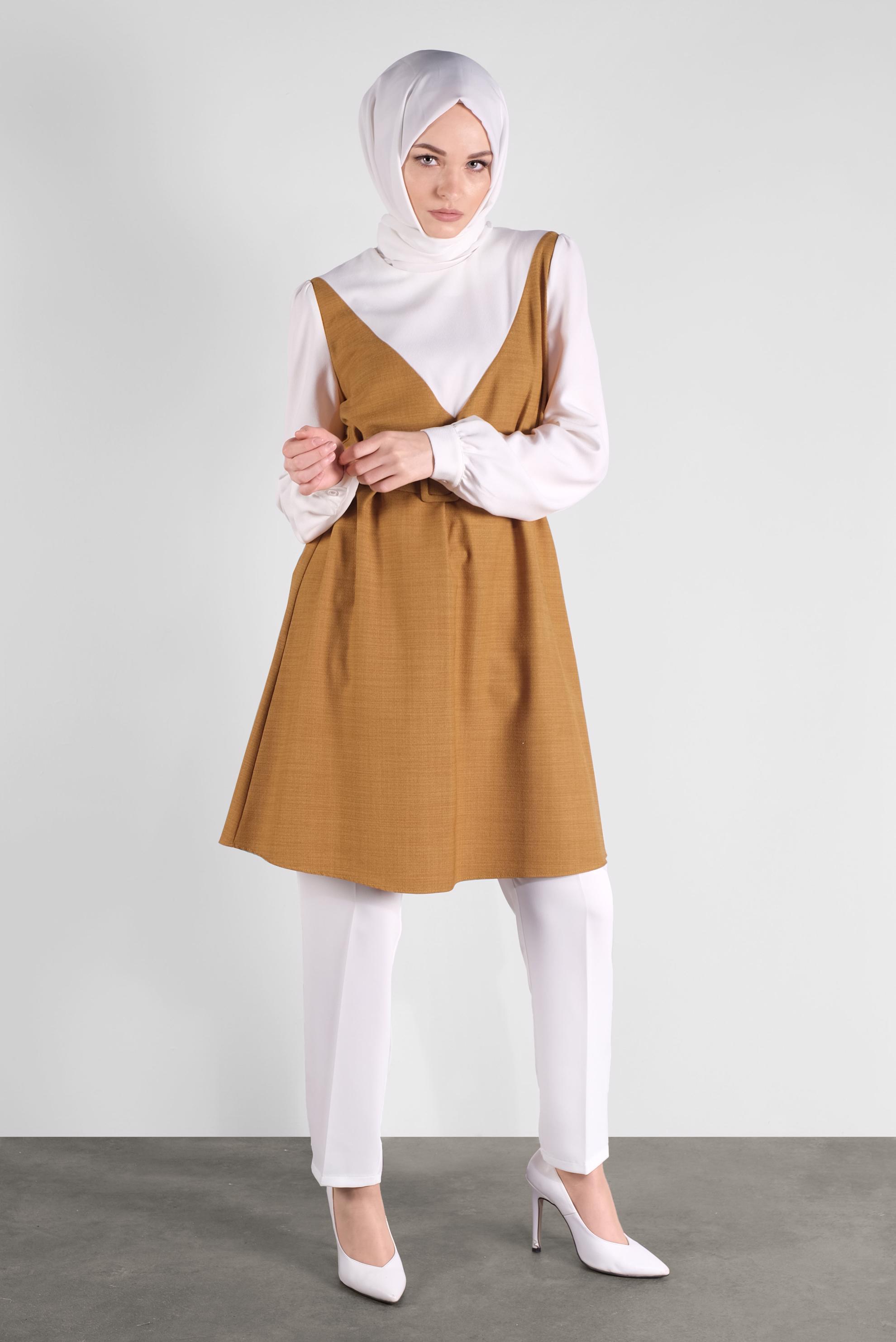 Tesettür giyim SARI BELİ KEMERLİ TUNİK 41124 