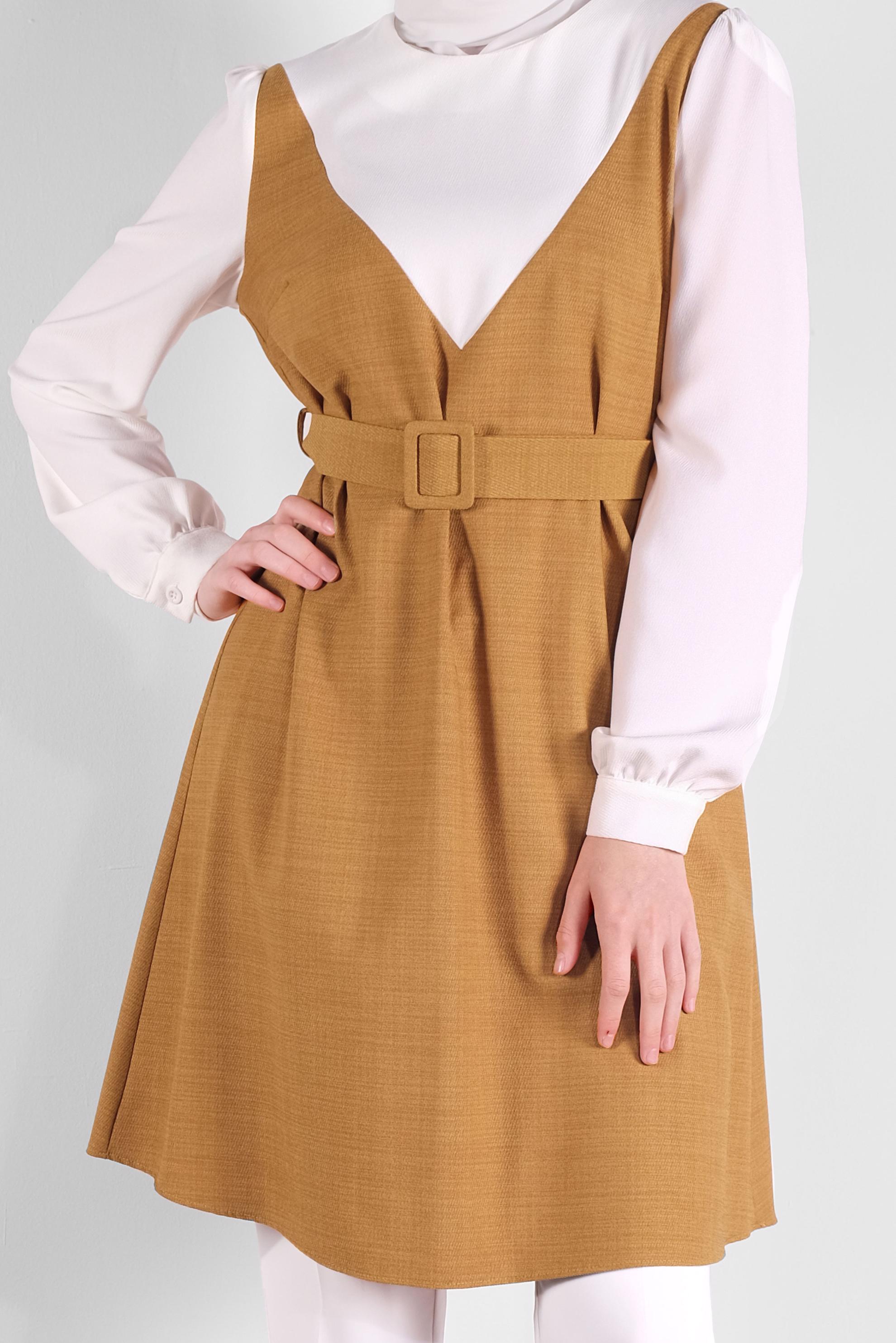 Tesettür giyim SARI BELİ KEMERLİ TUNİK 41124 