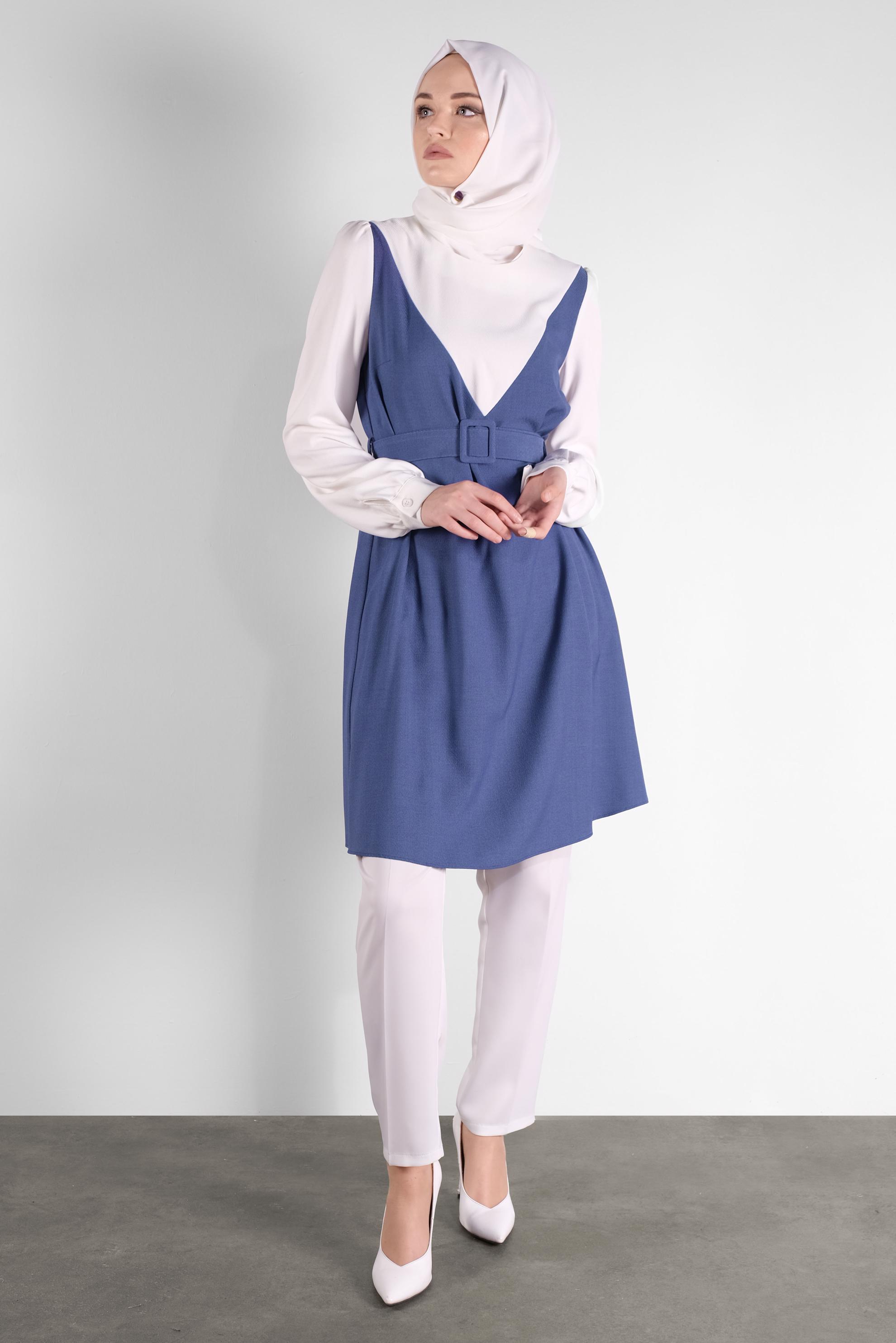 Tesettür giyim LACİVERT BELİ KEMERLİ TUNİK 41124 