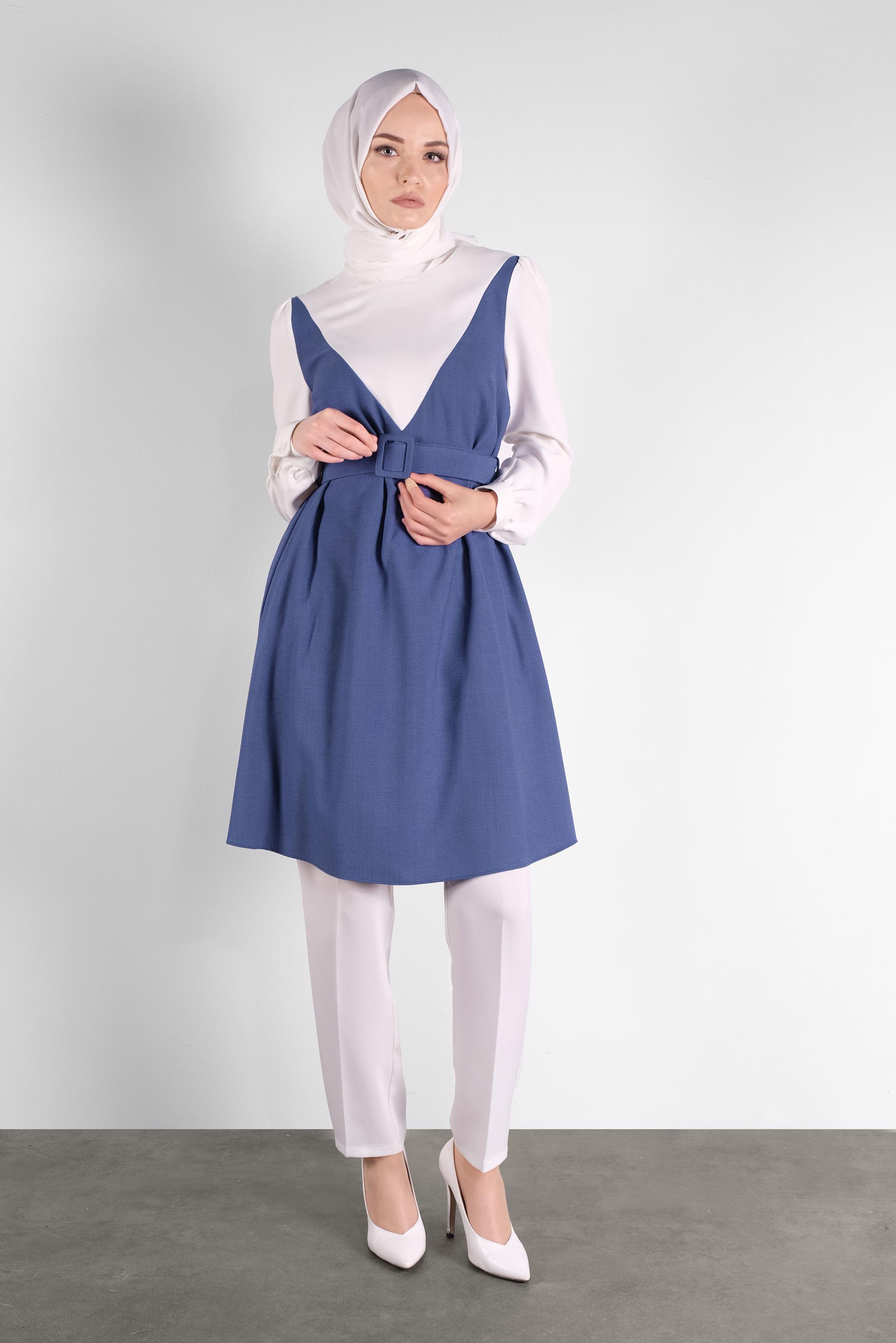 Tesettür giyim LACİVERT BELİ KEMERLİ TUNİK 41124 