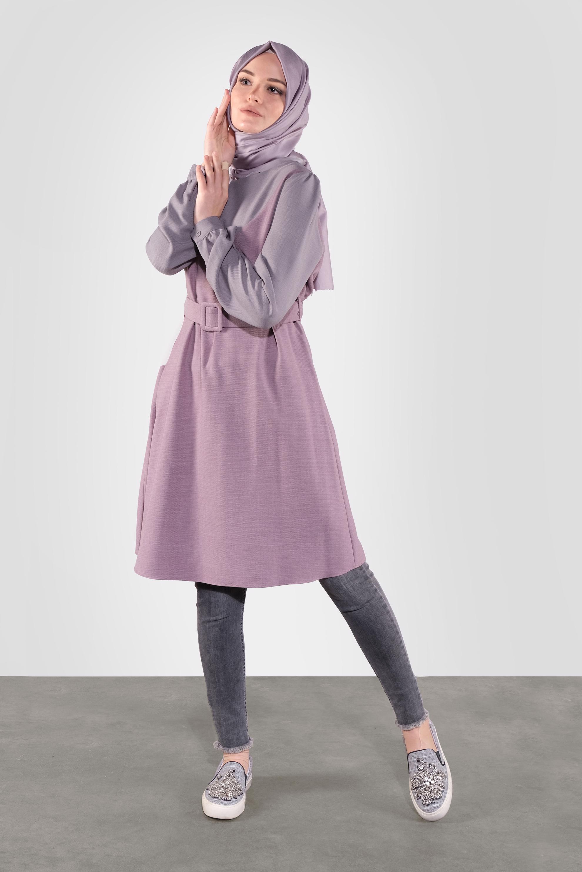 Tesettür giyim MOR BELİ KEMERLİ TUNİK 41124 