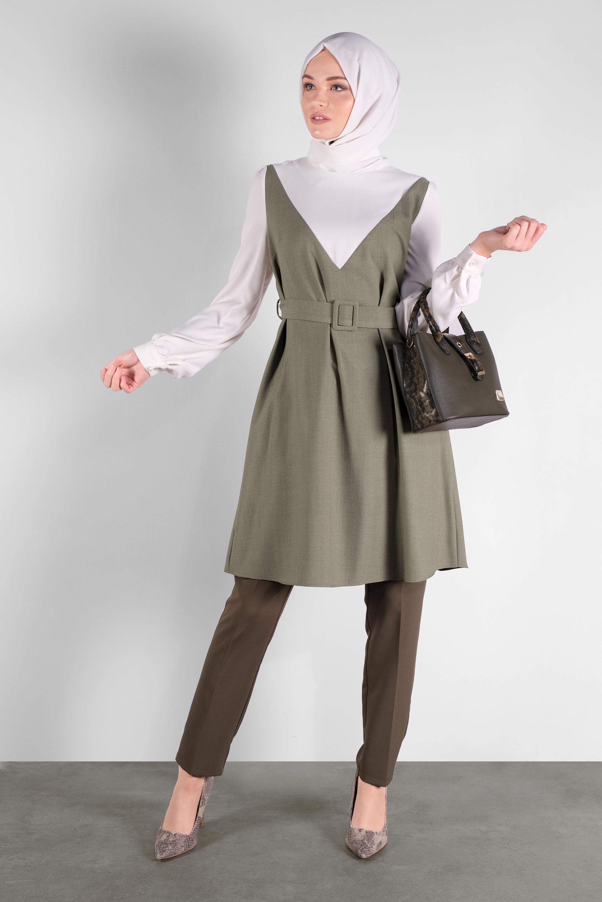 Tesettür giyim YEŞİL BELİ KEMERLİ TUNİK 41124 