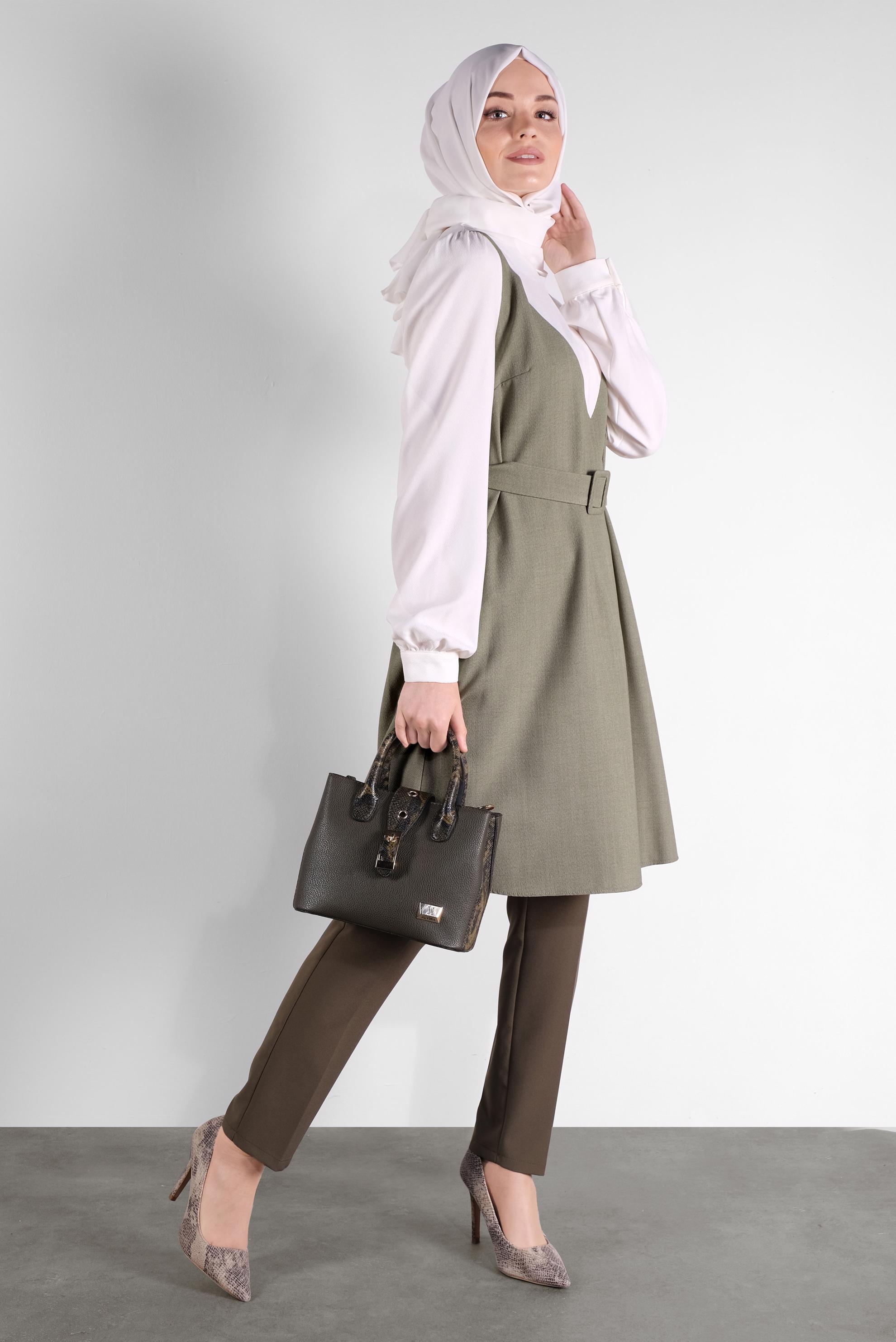 Tesettür giyim YEŞİL BELİ KEMERLİ TUNİK 41124 