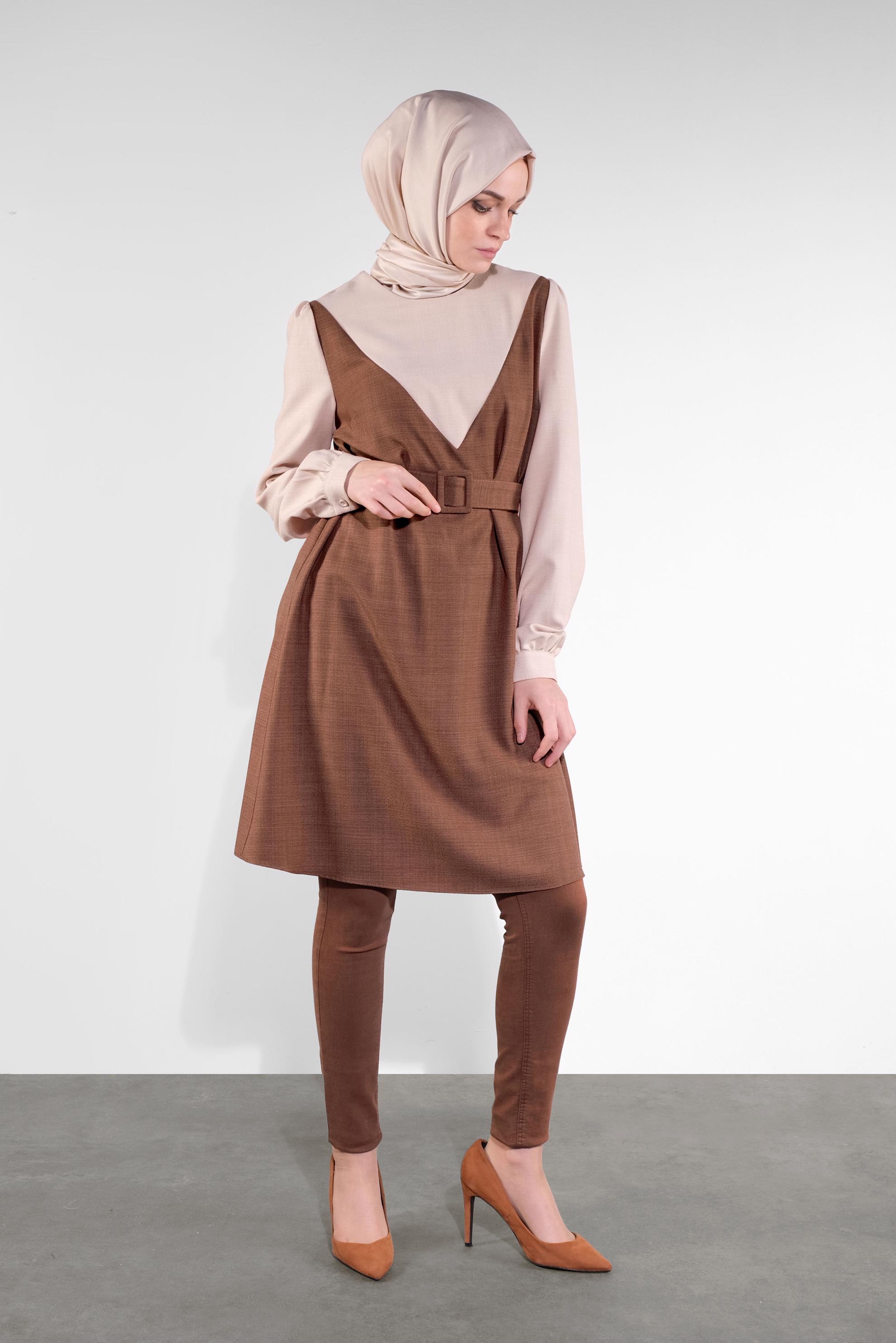 Tesettür giyim KAHVE BELİ KEMERLİ TUNİK 41124 