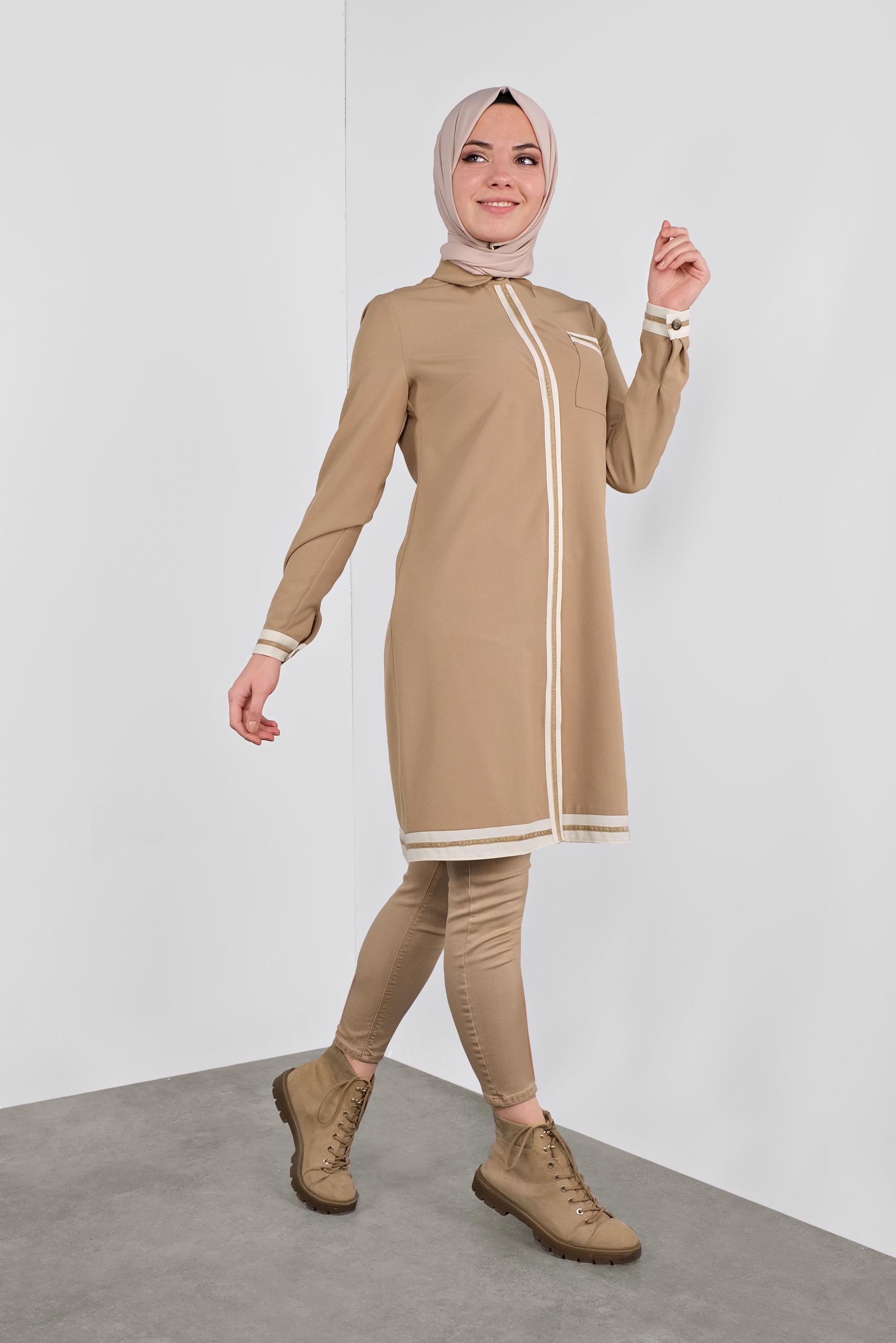 Tesettür giyim KAHVE ŞERİT DETAYLI TUNİK 41125 