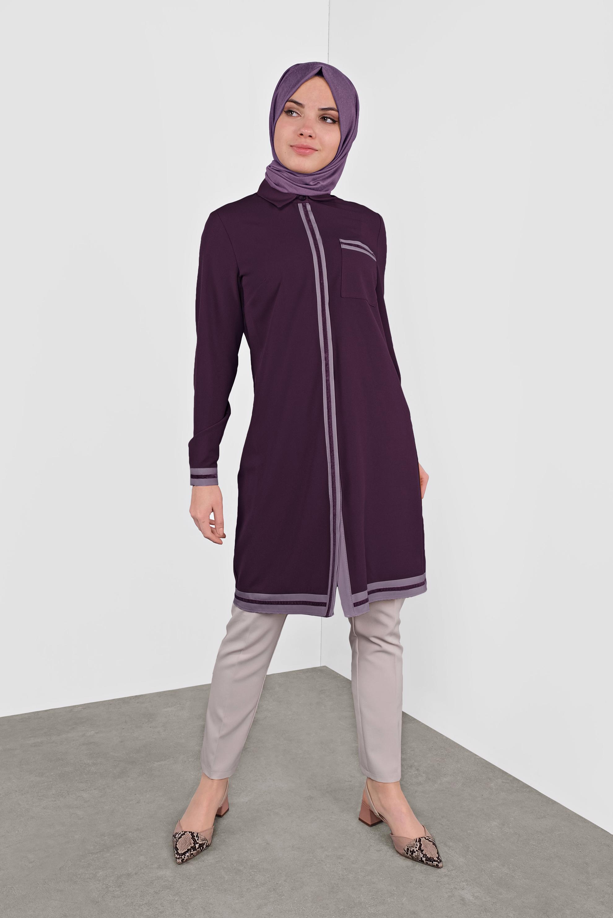 Tesettür giyim MOR ŞERİT DETAYLI TUNİK 41125 