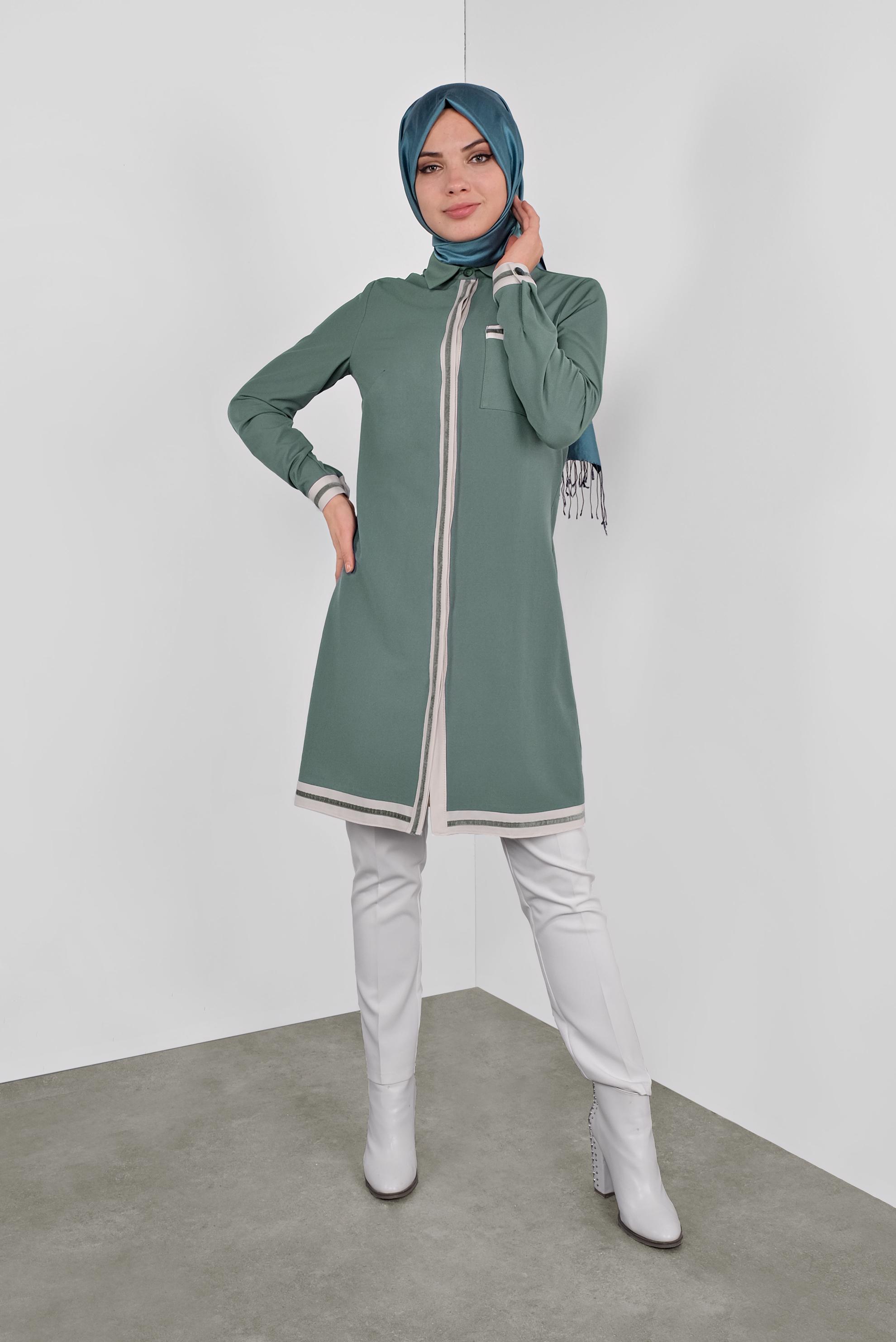 Tesettür giyim YEŞİL ŞERİT DETAYLI TUNİK 41125 