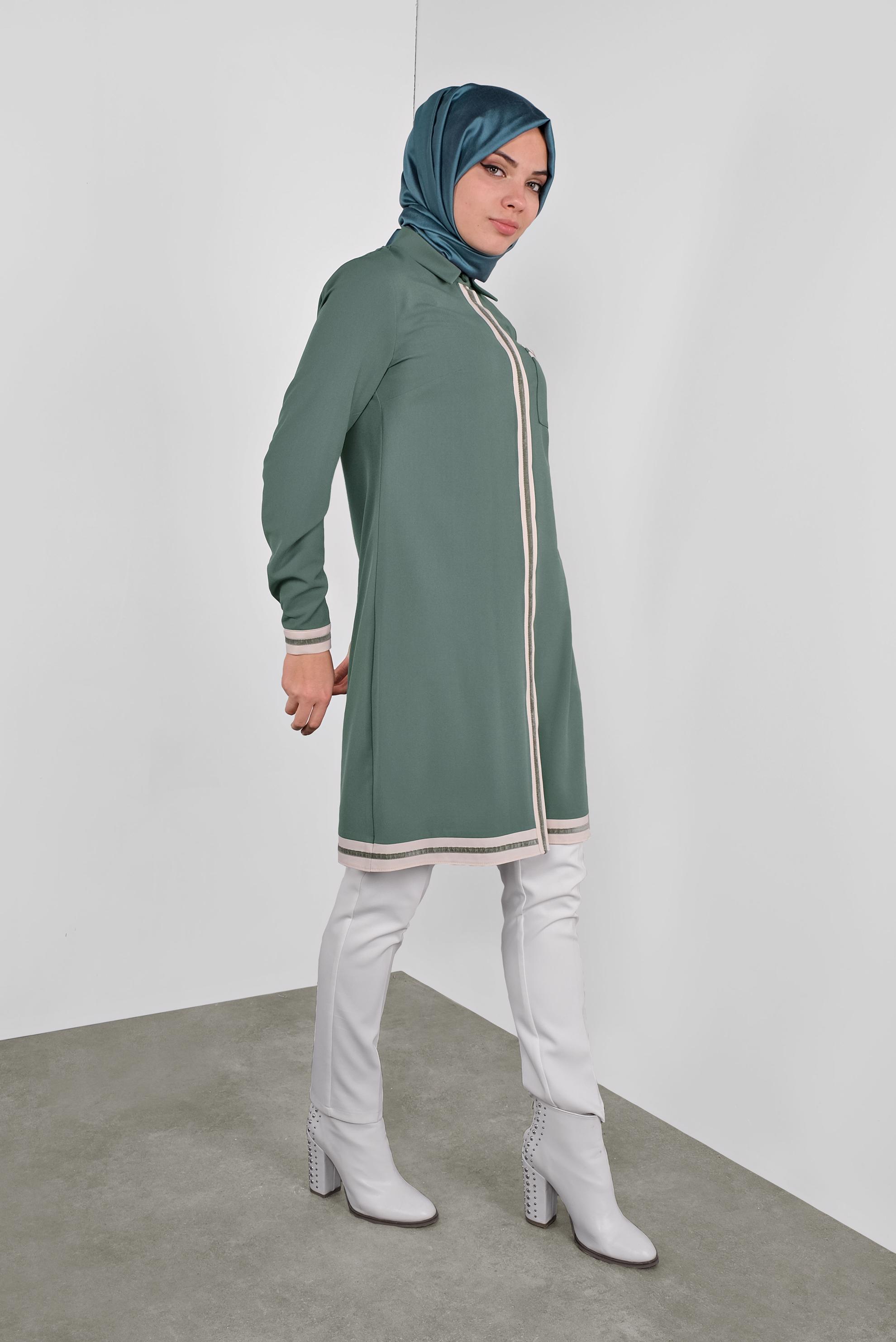 Tesettür giyim YEŞİL ŞERİT DETAYLI TUNİK 41125 