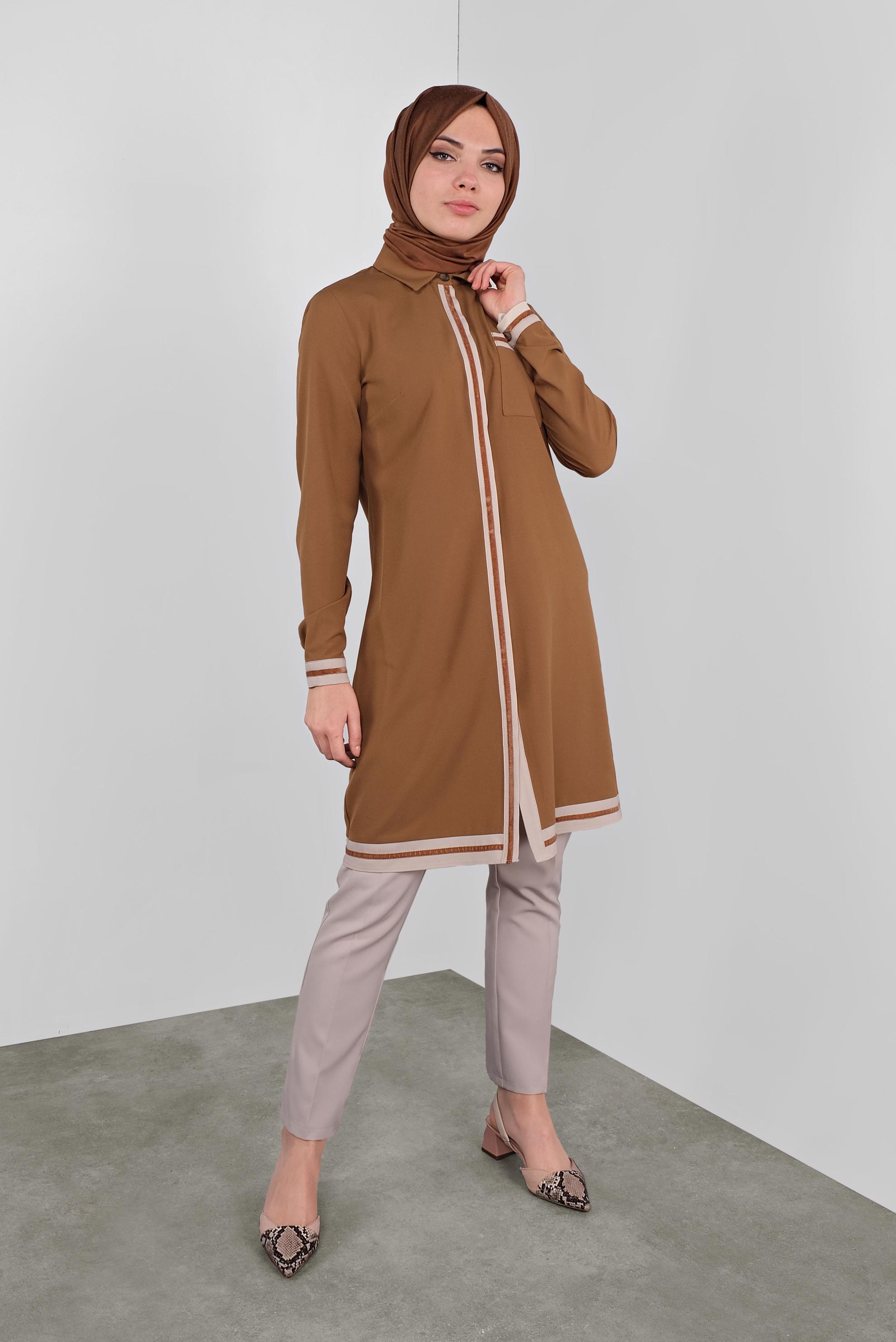 Tesettür giyim KAHVE ŞERİT DETAYLI TUNİK 41125 