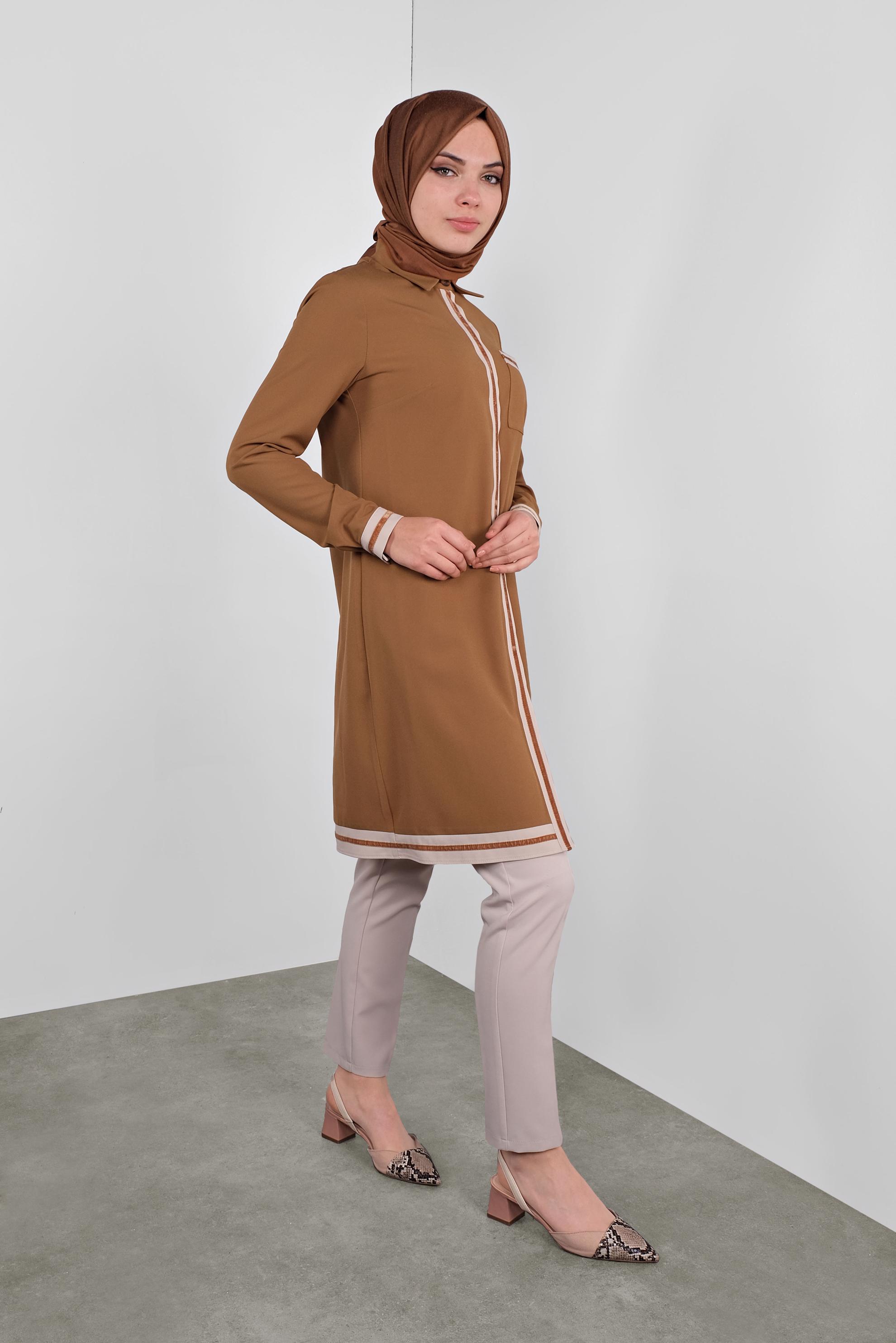 Tesettür giyim KAHVE ŞERİT DETAYLI TUNİK 41125 