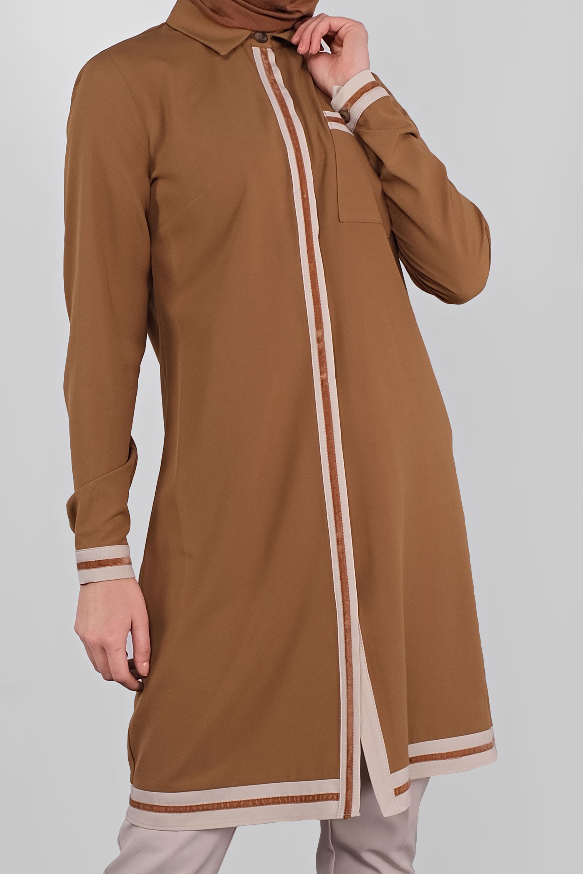 Tesettür giyim KAHVE ŞERİT DETAYLI TUNİK 41125 