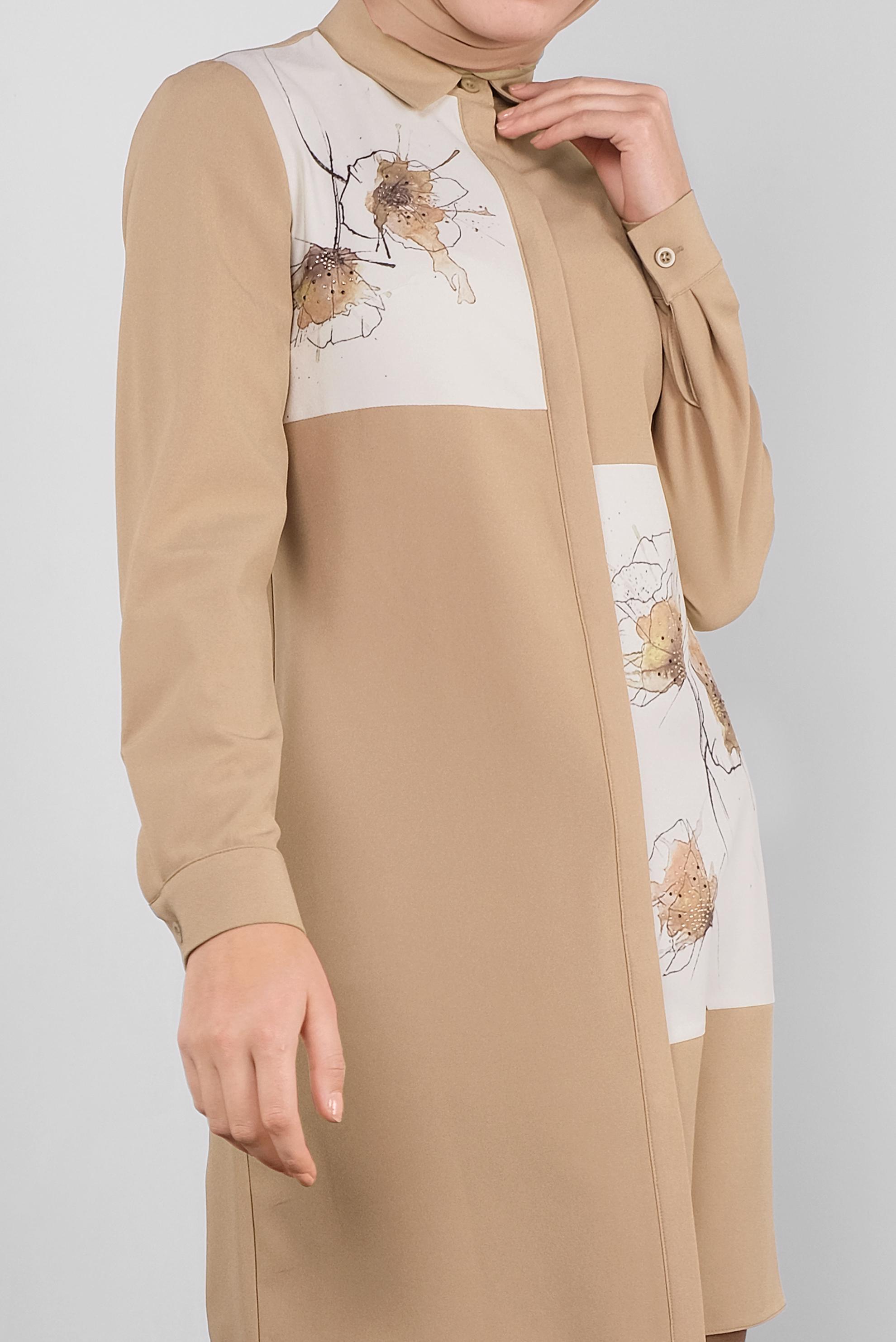 Tesettür giyim KAHVE ÇİÇEK DESENLİ GİZLİ DÜĞMELİ TUNİK 41126