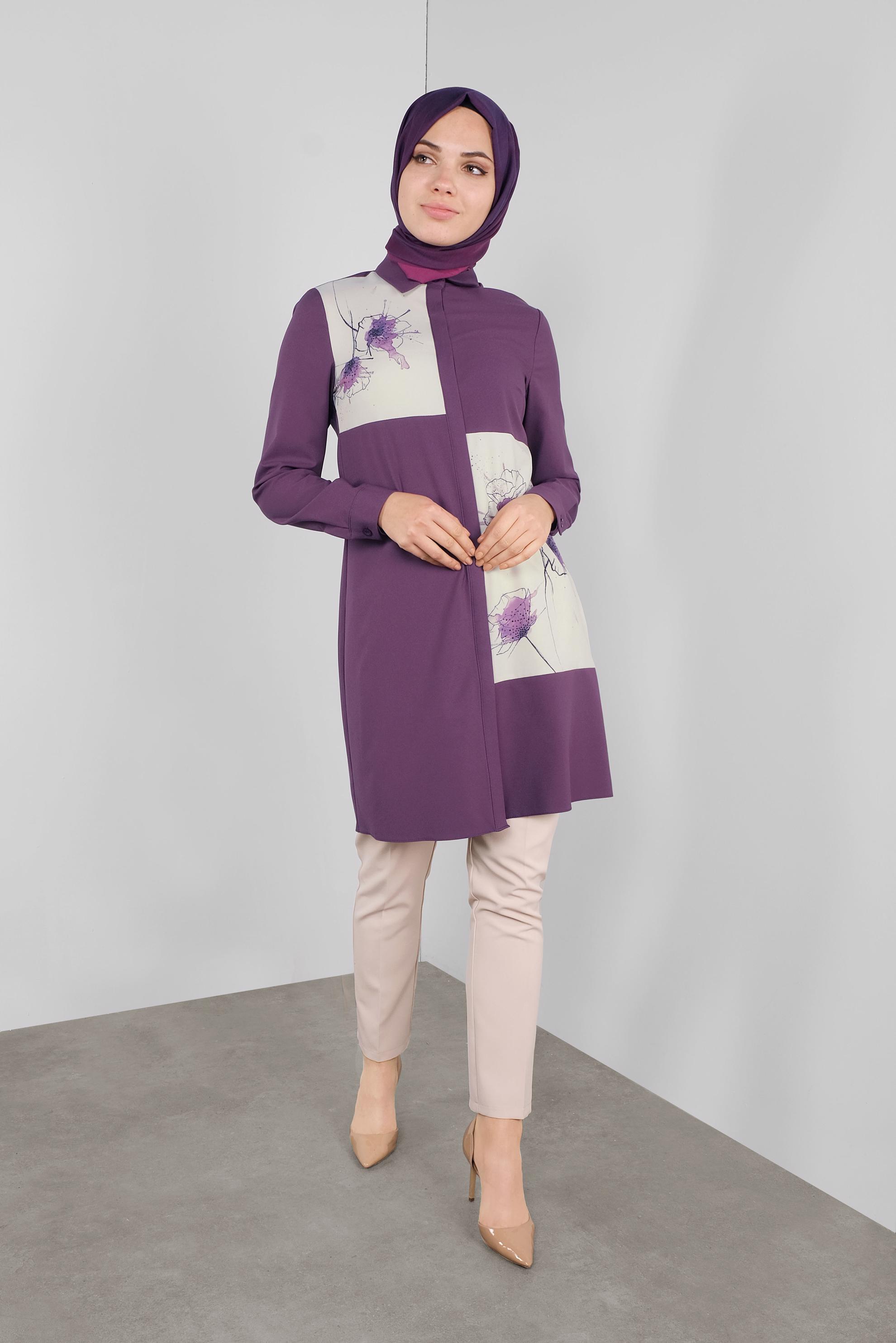 Tesettür giyim MOR ÇİÇEK DESENLİ GİZLİ DÜĞMELİ TUNİK 41126