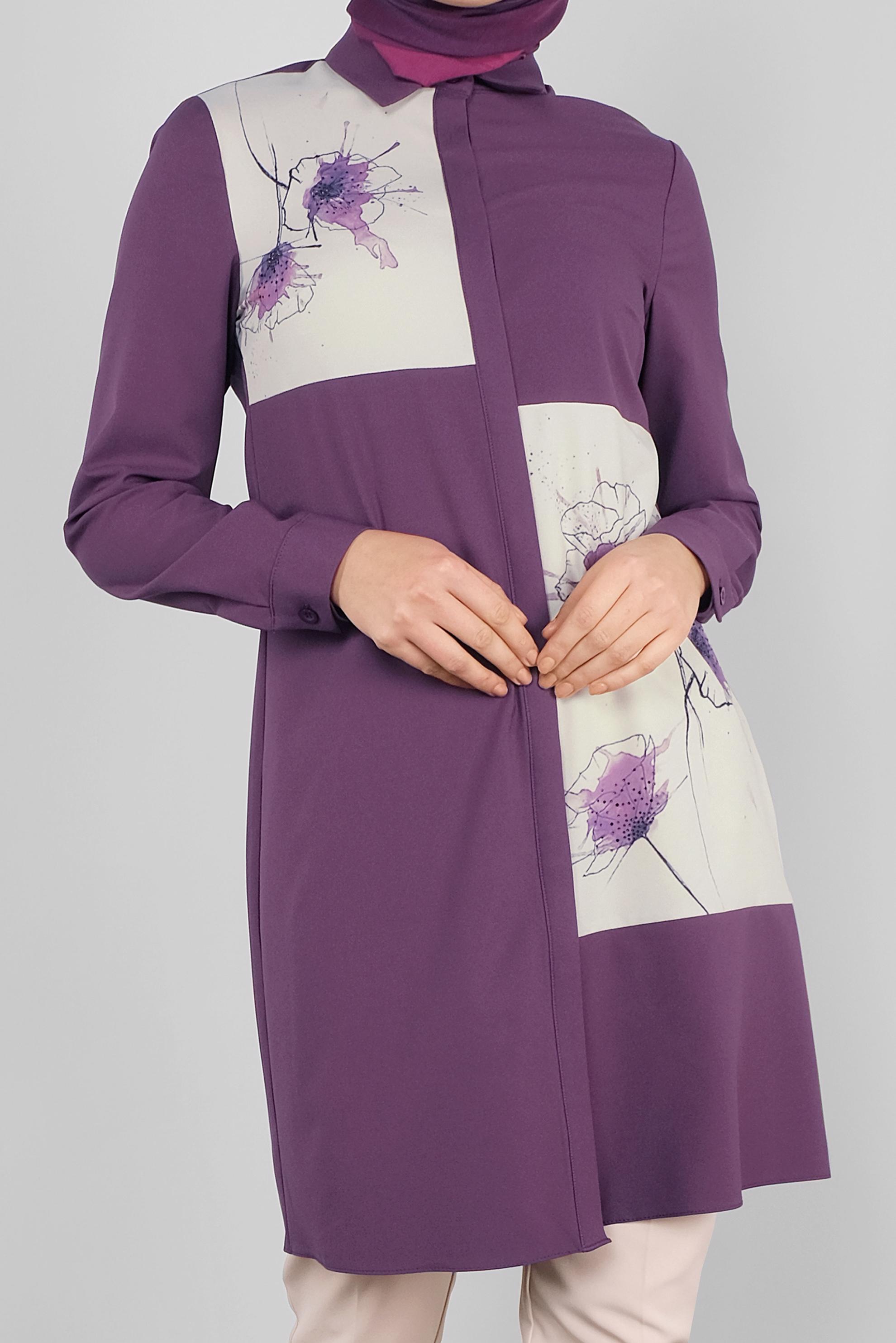 Tesettür giyim MOR ÇİÇEK DESENLİ GİZLİ DÜĞMELİ TUNİK 41126