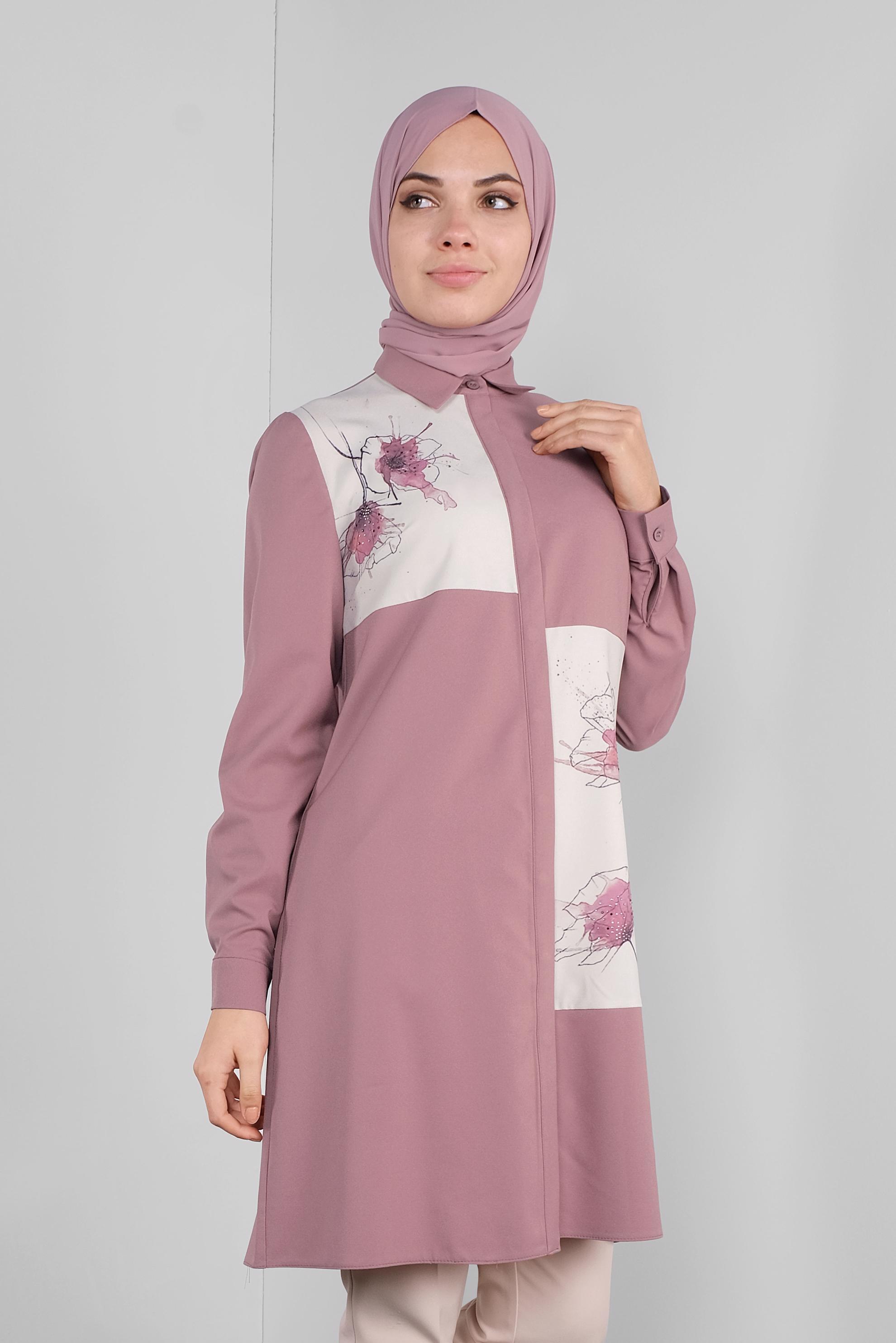 Tesettür giyim PEMBE ÇİÇEK DESENLİ GİZLİ DÜĞMELİ TUNİK 41126