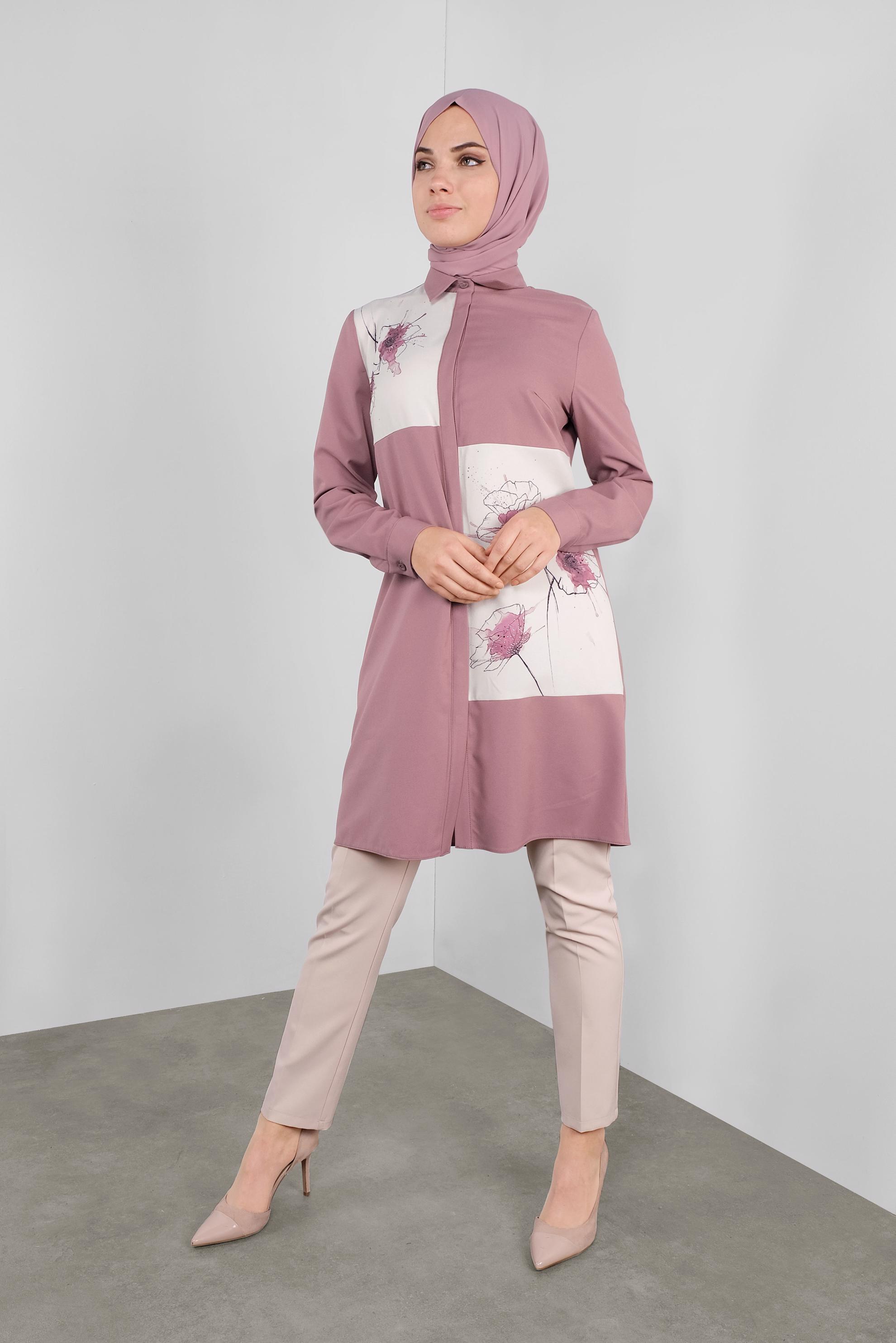 Tesettür giyim PEMBE ÇİÇEK DESENLİ GİZLİ DÜĞMELİ TUNİK 41126