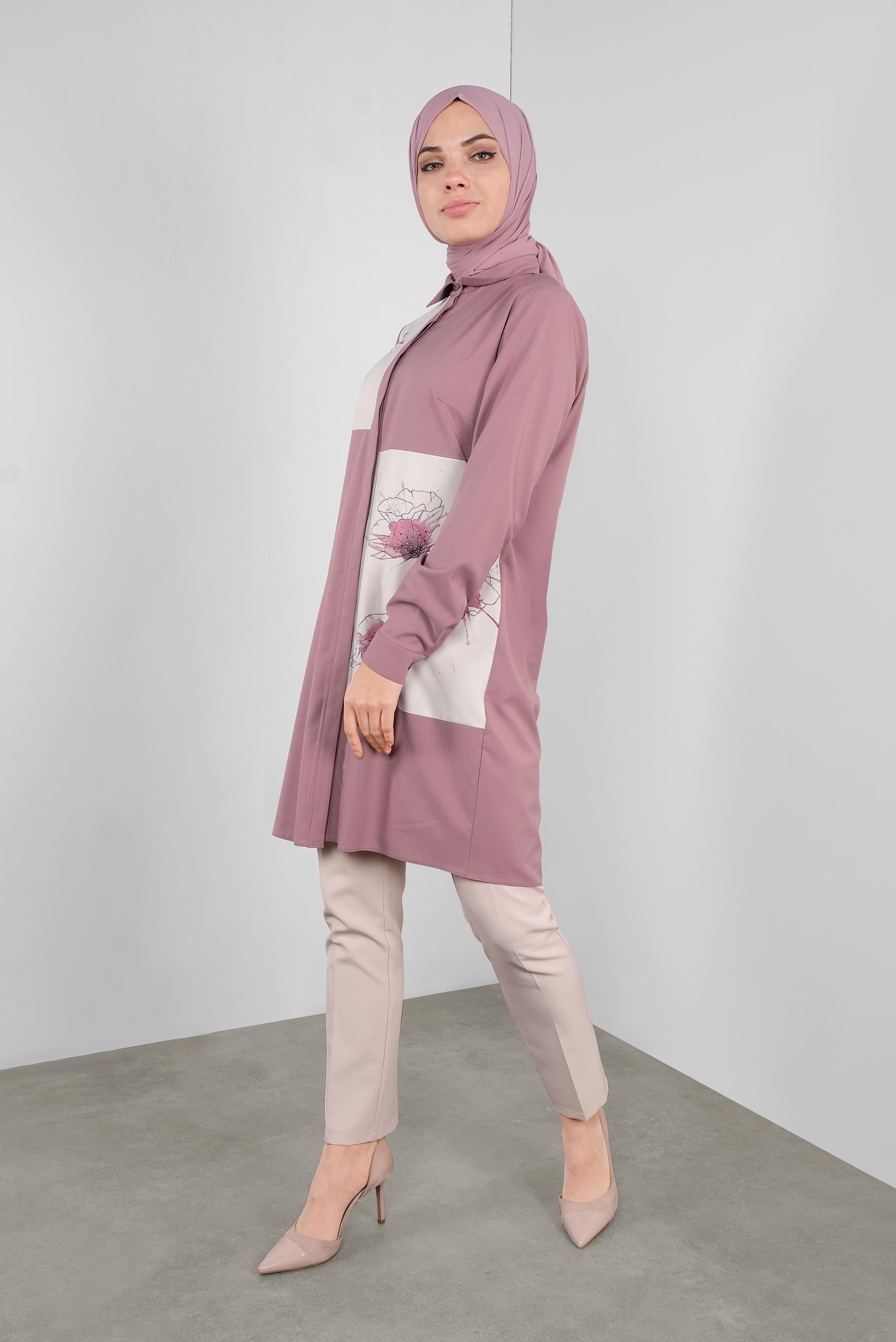 Tesettür giyim PEMBE ÇİÇEK DESENLİ GİZLİ DÜĞMELİ TUNİK 41126