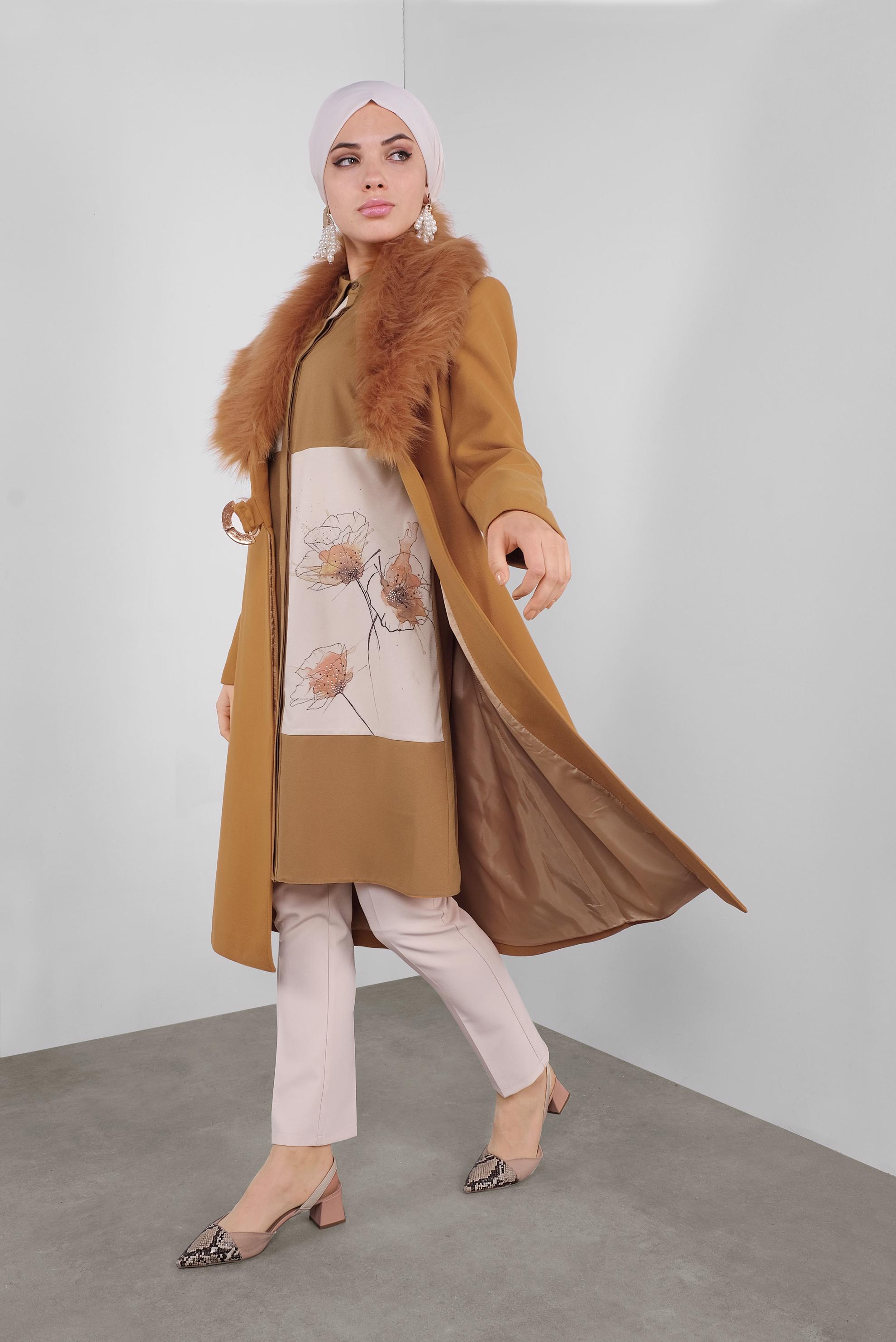 Tesettür giyim KAHVE ÇİÇEK DESENLİ GİZLİ DÜĞMELİ TUNİK 41126