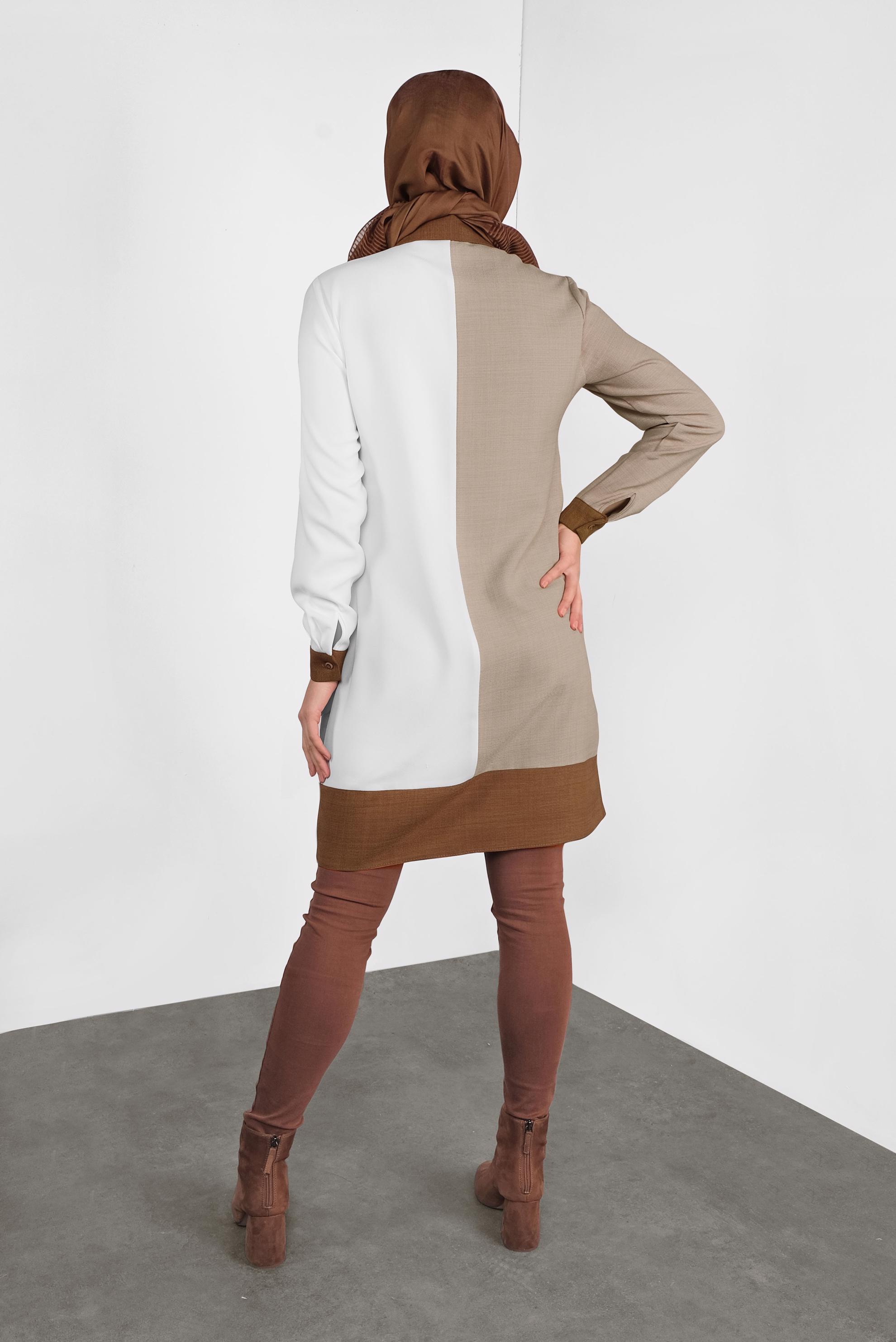 Tesettür giyim BEJ BOYDAN DÜĞMELİ NAKIŞLI TUNİK 41127