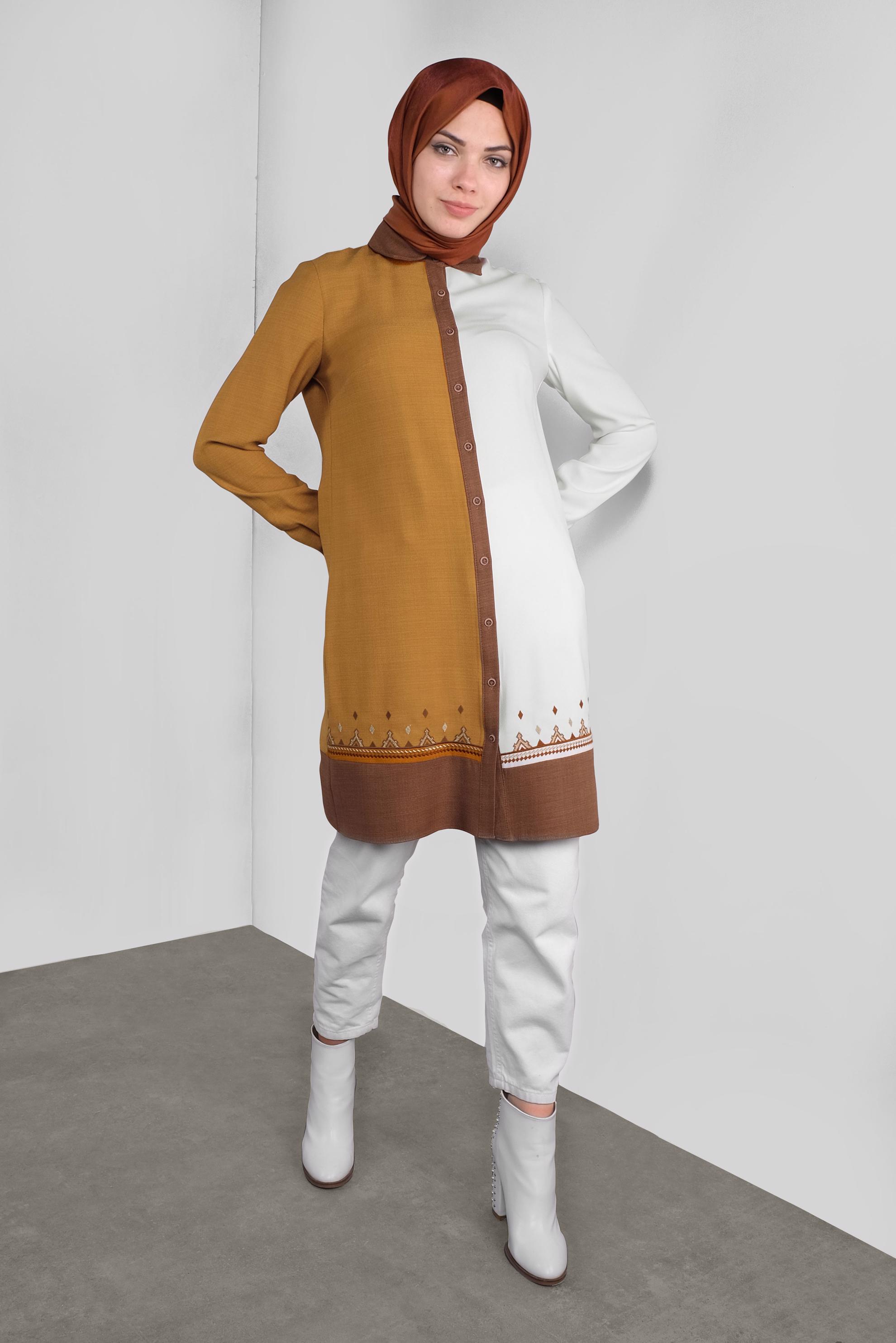 Tesettür giyim SARI BOYDAN DÜĞMELİ NAKIŞLI TUNİK 41127