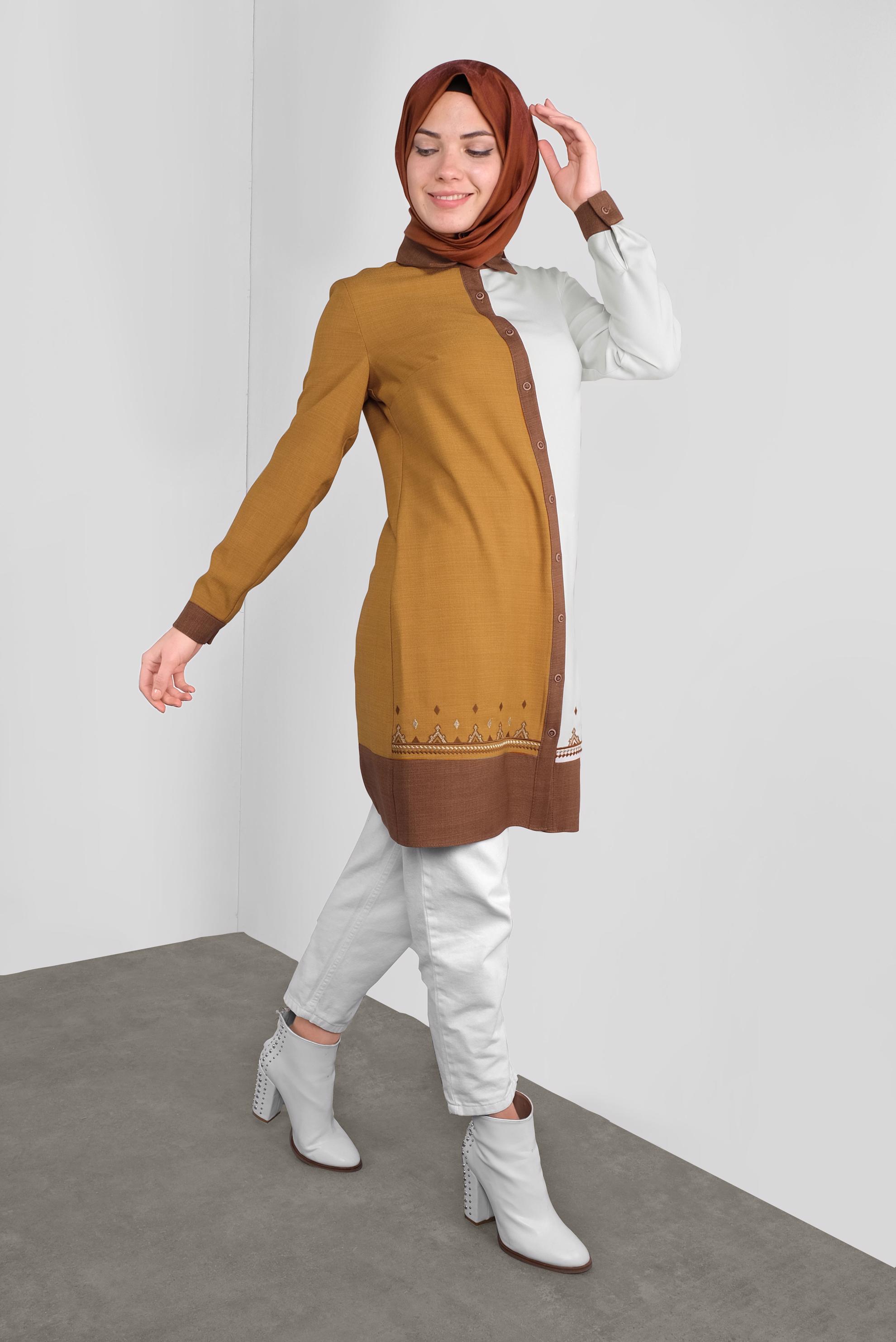 Tesettür giyim SARI BOYDAN DÜĞMELİ NAKIŞLI TUNİK 41127