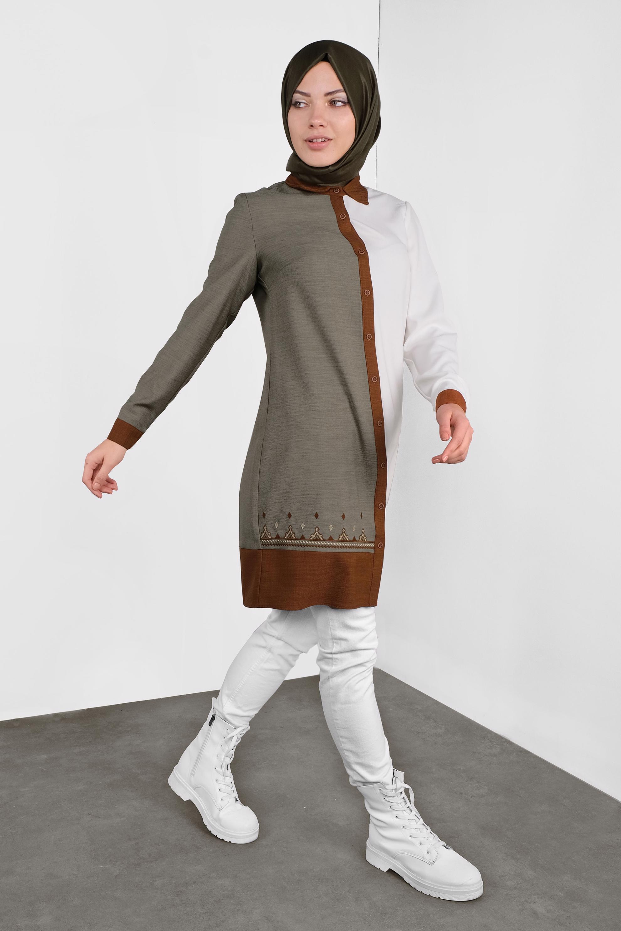 Tesettür giyim HAKİ BOYDAN DÜĞMELİ NAKIŞLI TUNİK 41127