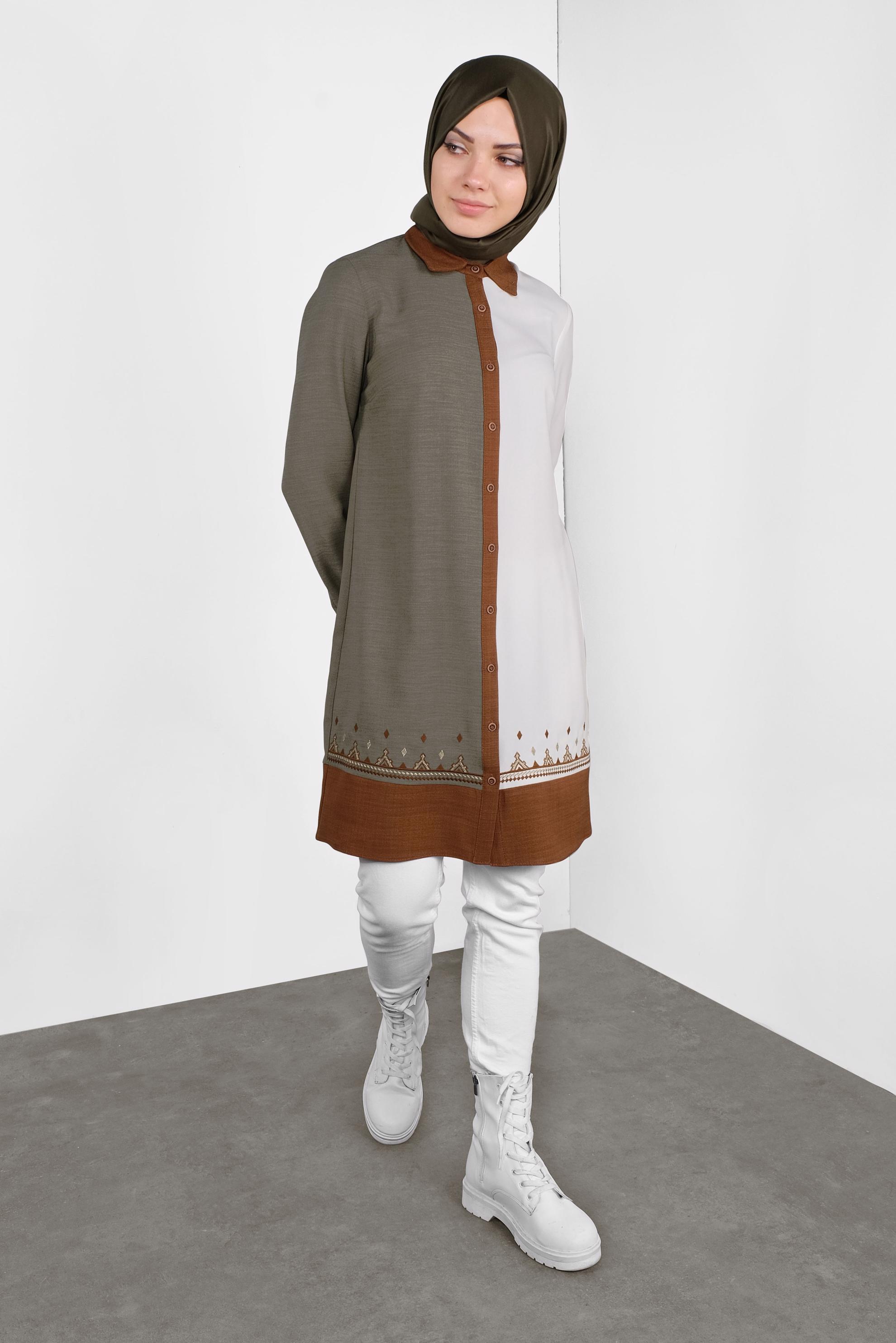 Tesettür giyim HAKİ BOYDAN DÜĞMELİ NAKIŞLI TUNİK 41127