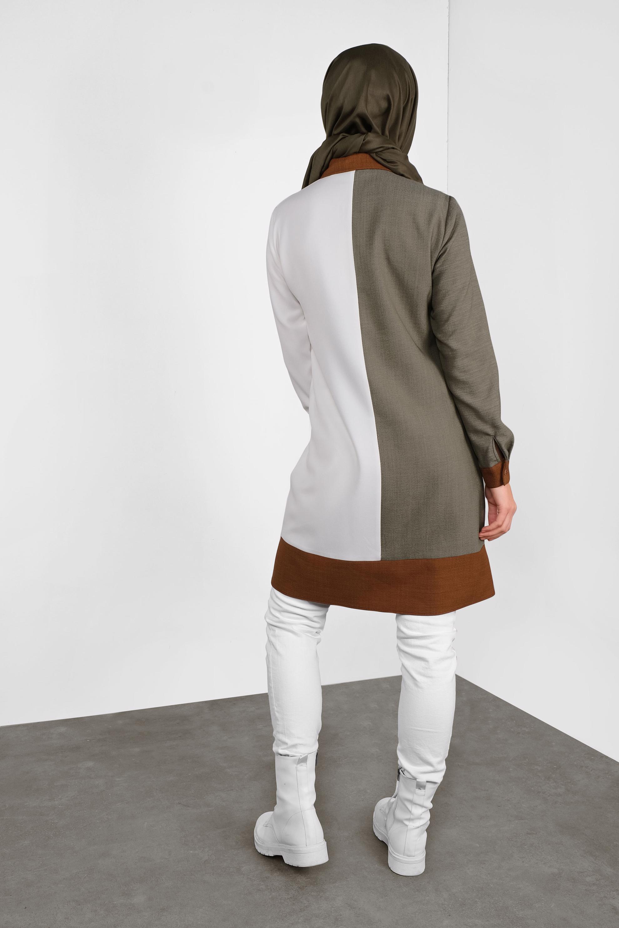 Tesettür giyim HAKİ BOYDAN DÜĞMELİ NAKIŞLI TUNİK 41127