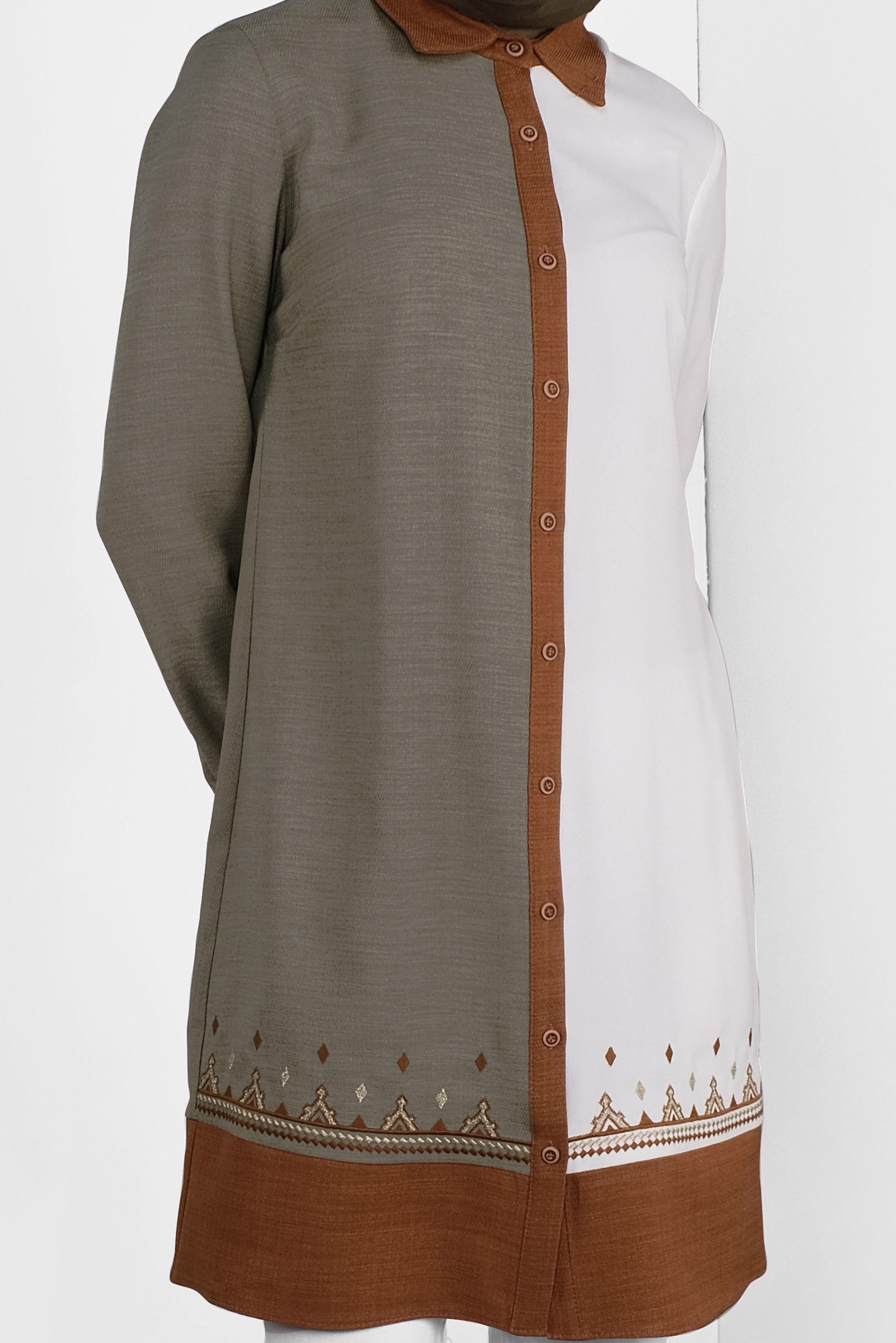 Tesettür giyim HAKİ BOYDAN DÜĞMELİ NAKIŞLI TUNİK 41127