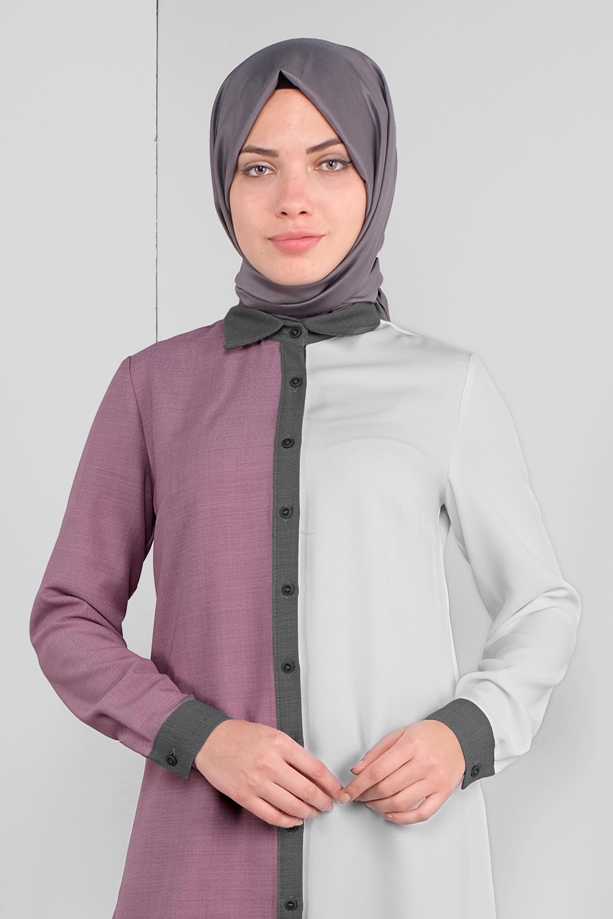 Tesettür giyim MOR BOYDAN DÜĞMELİ NAKIŞLI TUNİK 41127