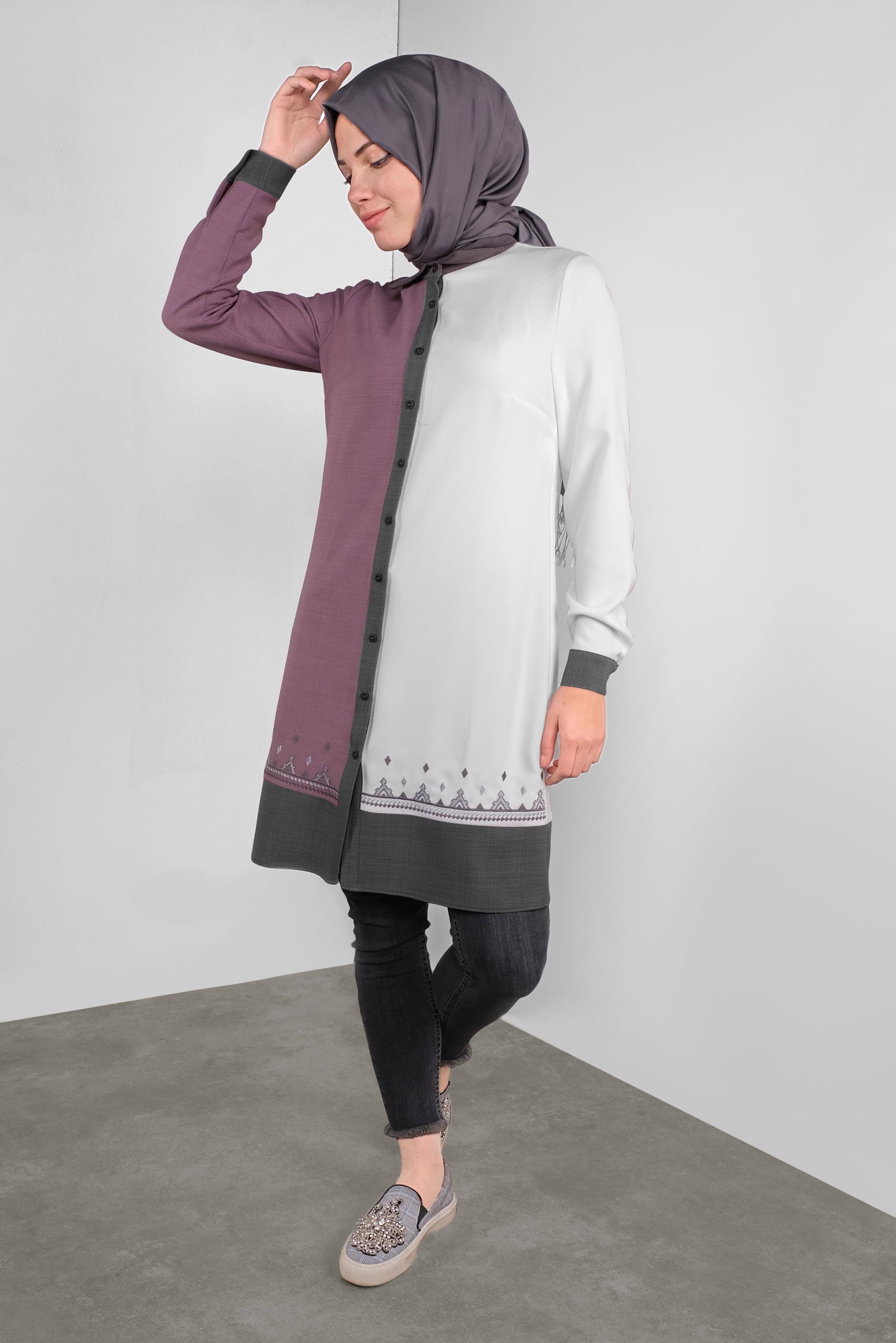 Tesettür giyim MOR BOYDAN DÜĞMELİ NAKIŞLI TUNİK 41127