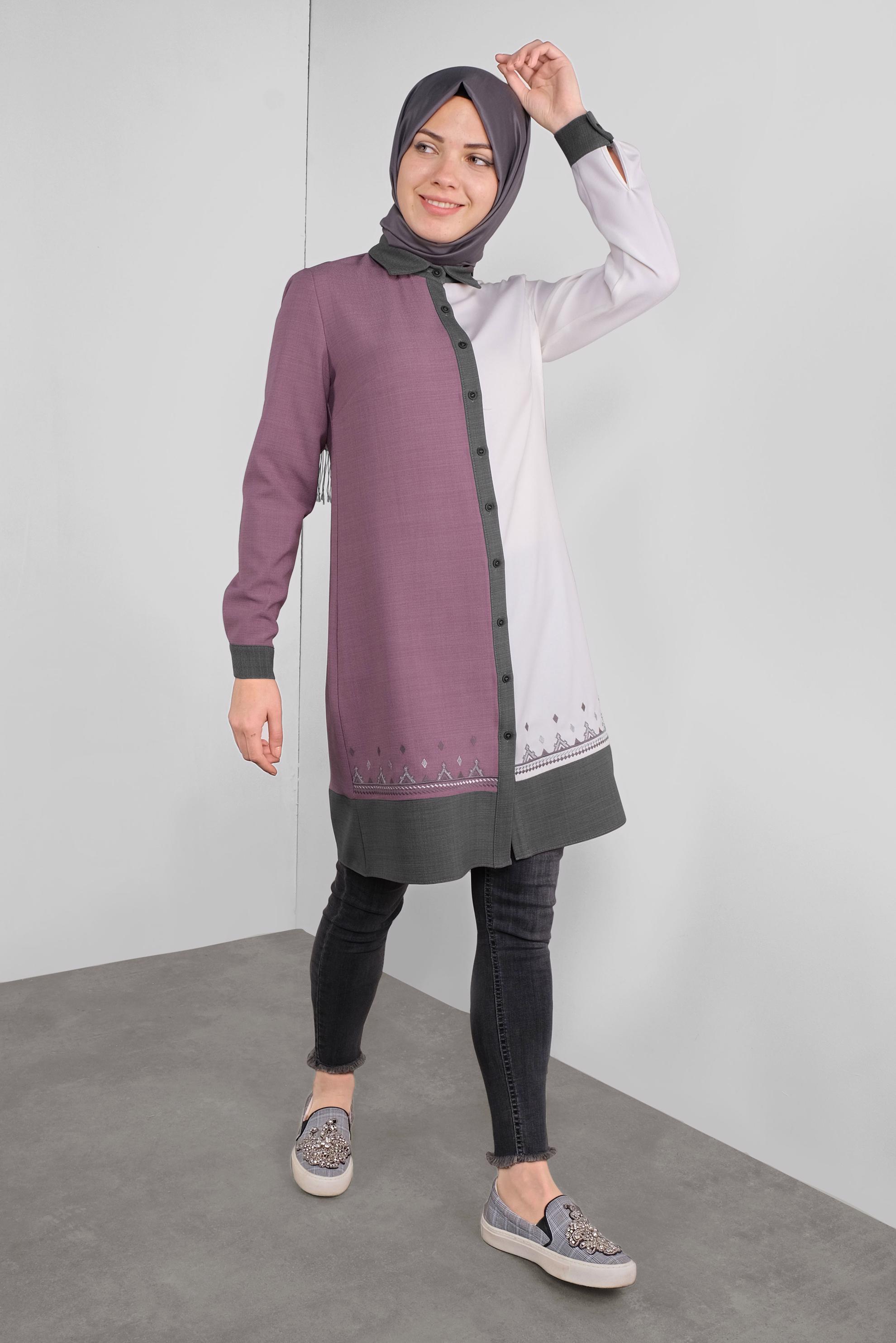 Tesettür giyim MOR BOYDAN DÜĞMELİ NAKIŞLI TUNİK 41127