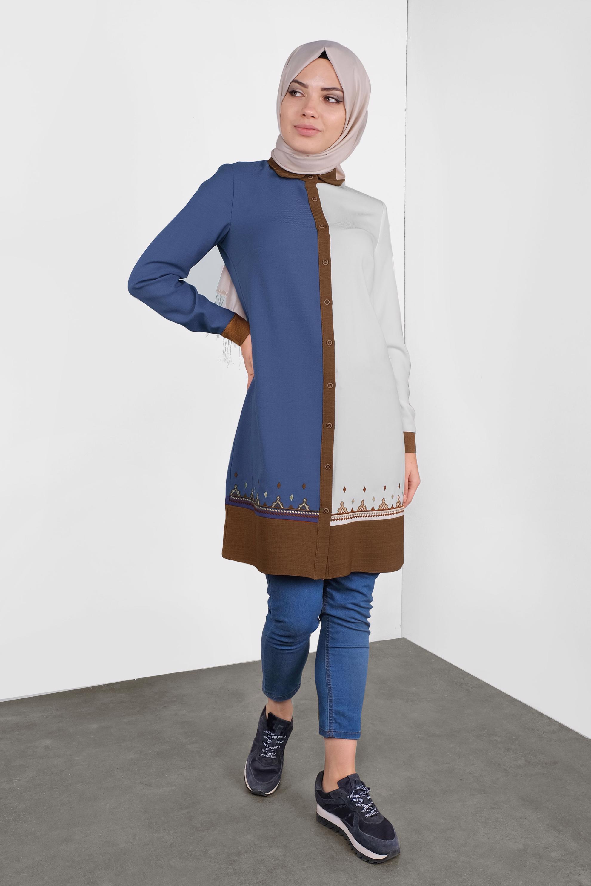 Tesettür giyim LACİVERT BOYDAN DÜĞMELİ NAKIŞLI TUNİK 41127