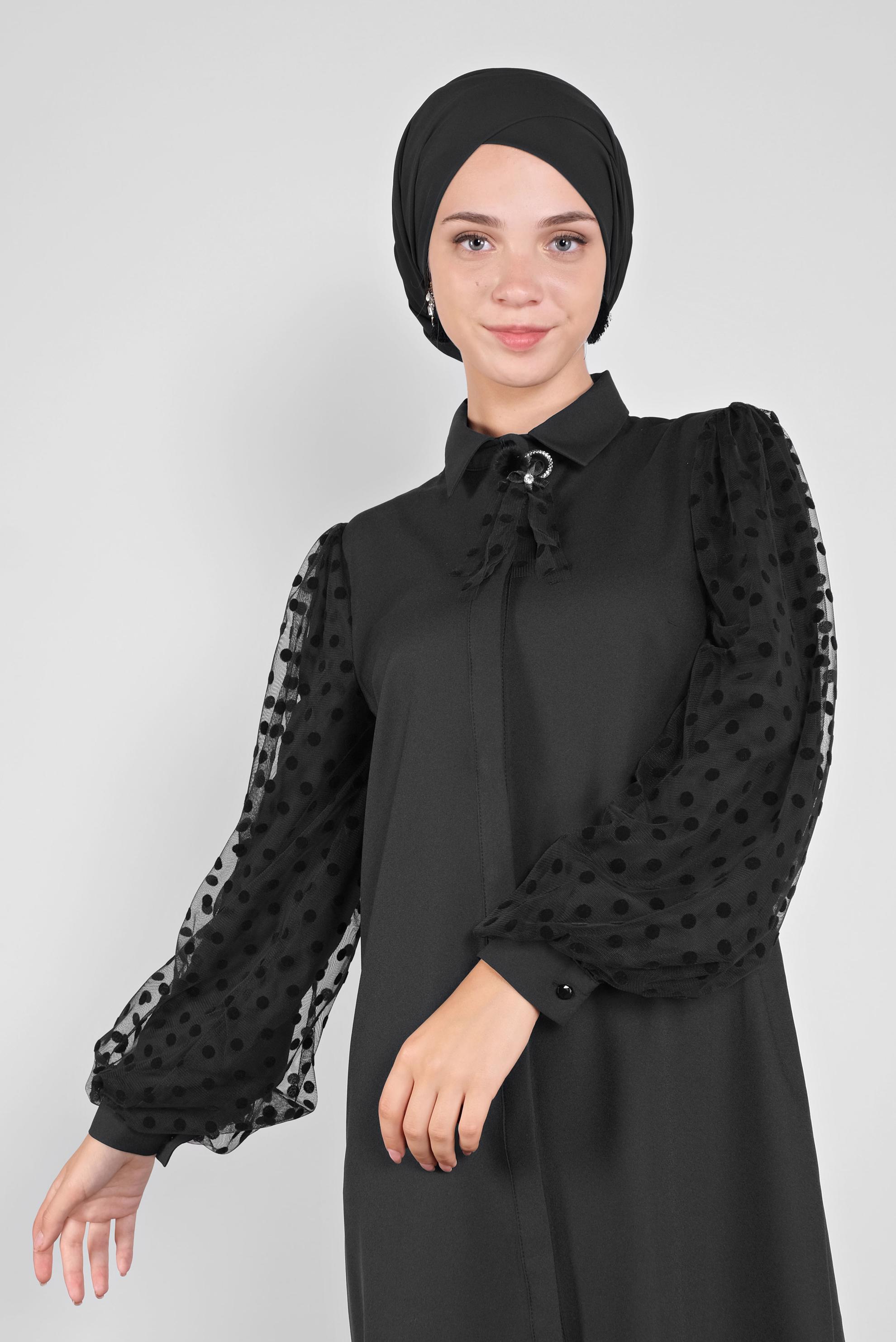 Tesettür giyim SİYAH TÜL VE PUANTİYE DETAYLI BROŞLU TUNİK 41128 