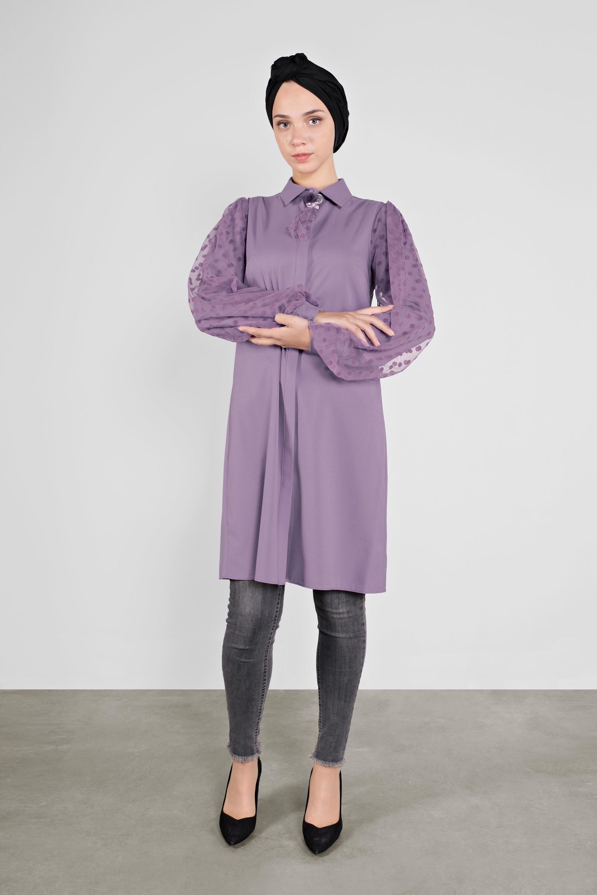 Tesettür giyim MOR TÜL VE PUANTİYE DETAYLI BROŞLU TUNİK 41128 