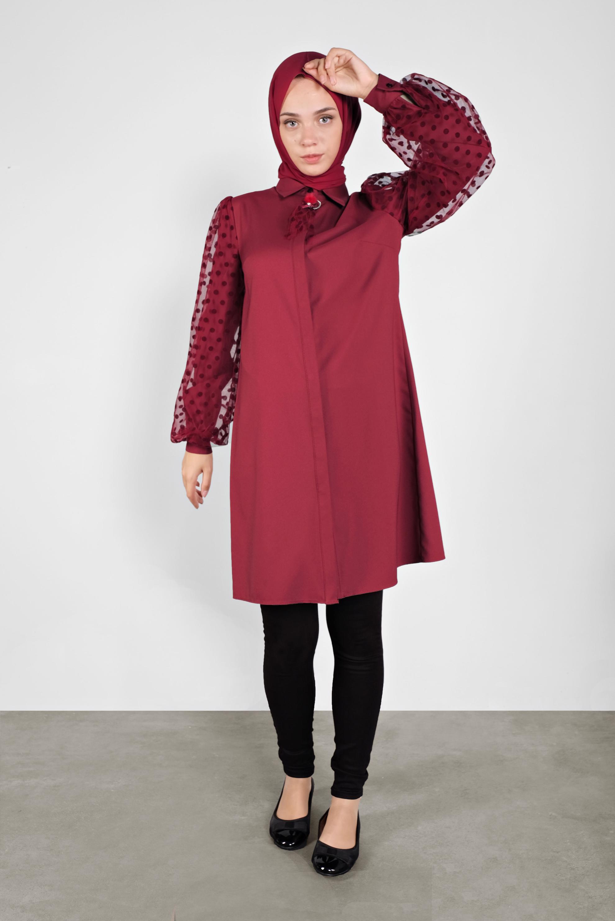 Tesettür giyim BORDO TÜL VE PUANTİYE DETAYLI BROŞLU TUNİK 41128 
