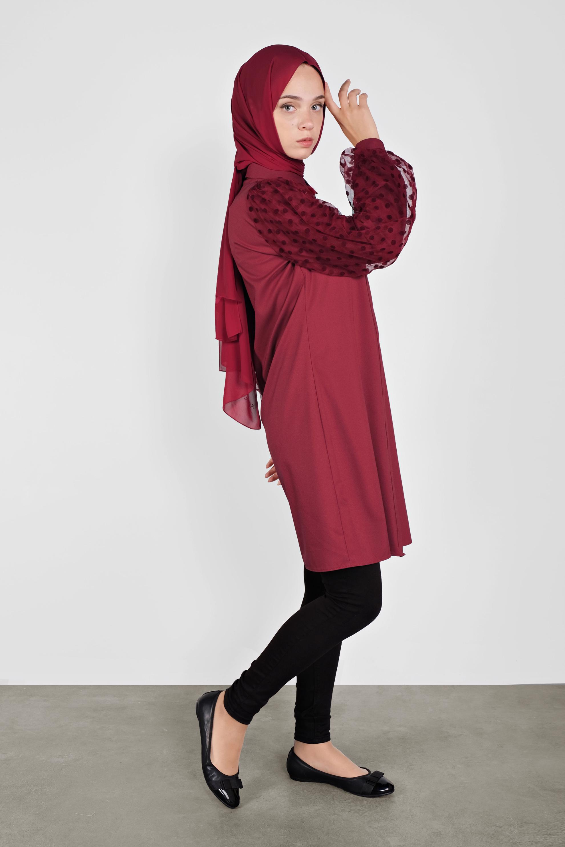 Tesettür giyim BORDO TÜL VE PUANTİYE DETAYLI BROŞLU TUNİK 41128 