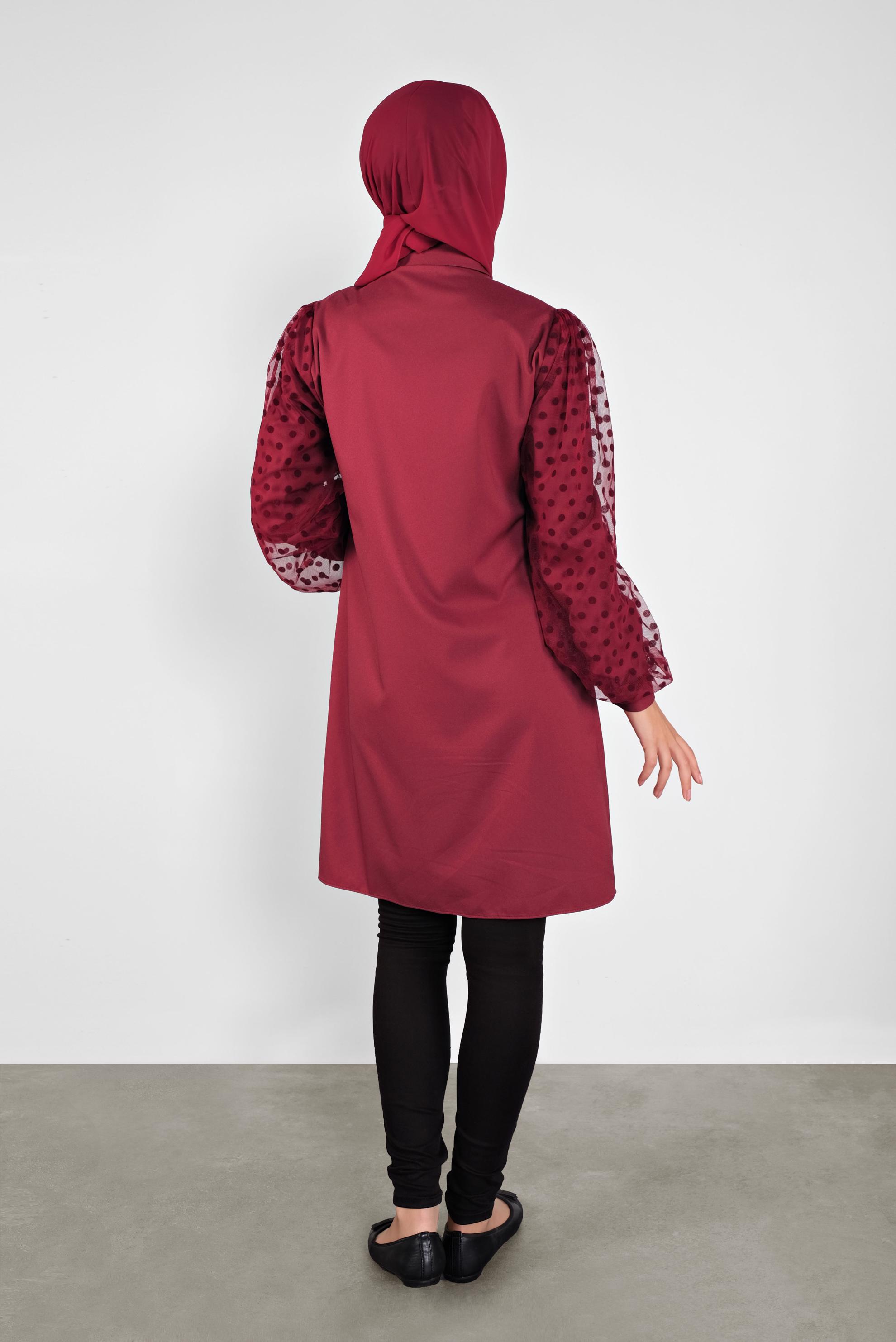 Tesettür giyim BORDO TÜL VE PUANTİYE DETAYLI BROŞLU TUNİK 41128 