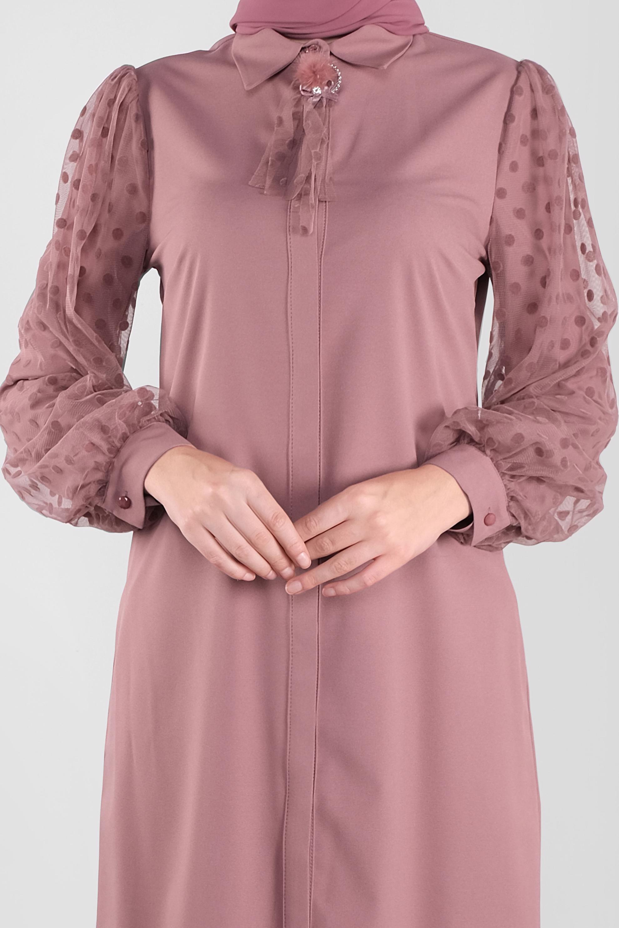 Tesettür giyim PEMBE TÜL VE PUANTİYE DETAYLI BROŞLU TUNİK 41128 