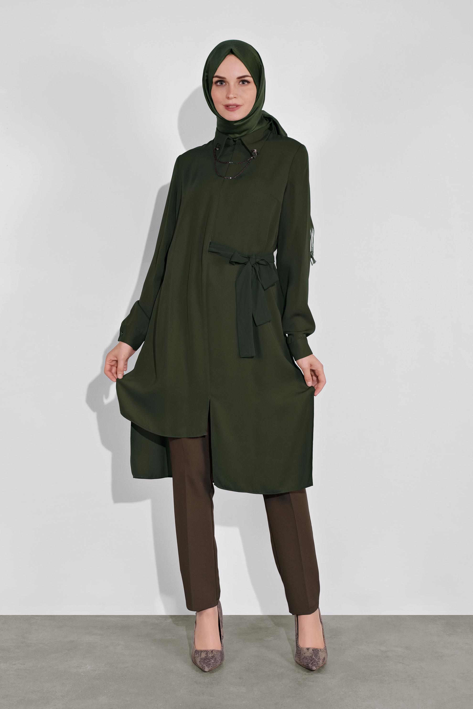 Tesettür giyim HAKİ ASİMETRİK KESİM TUNİK 41129 