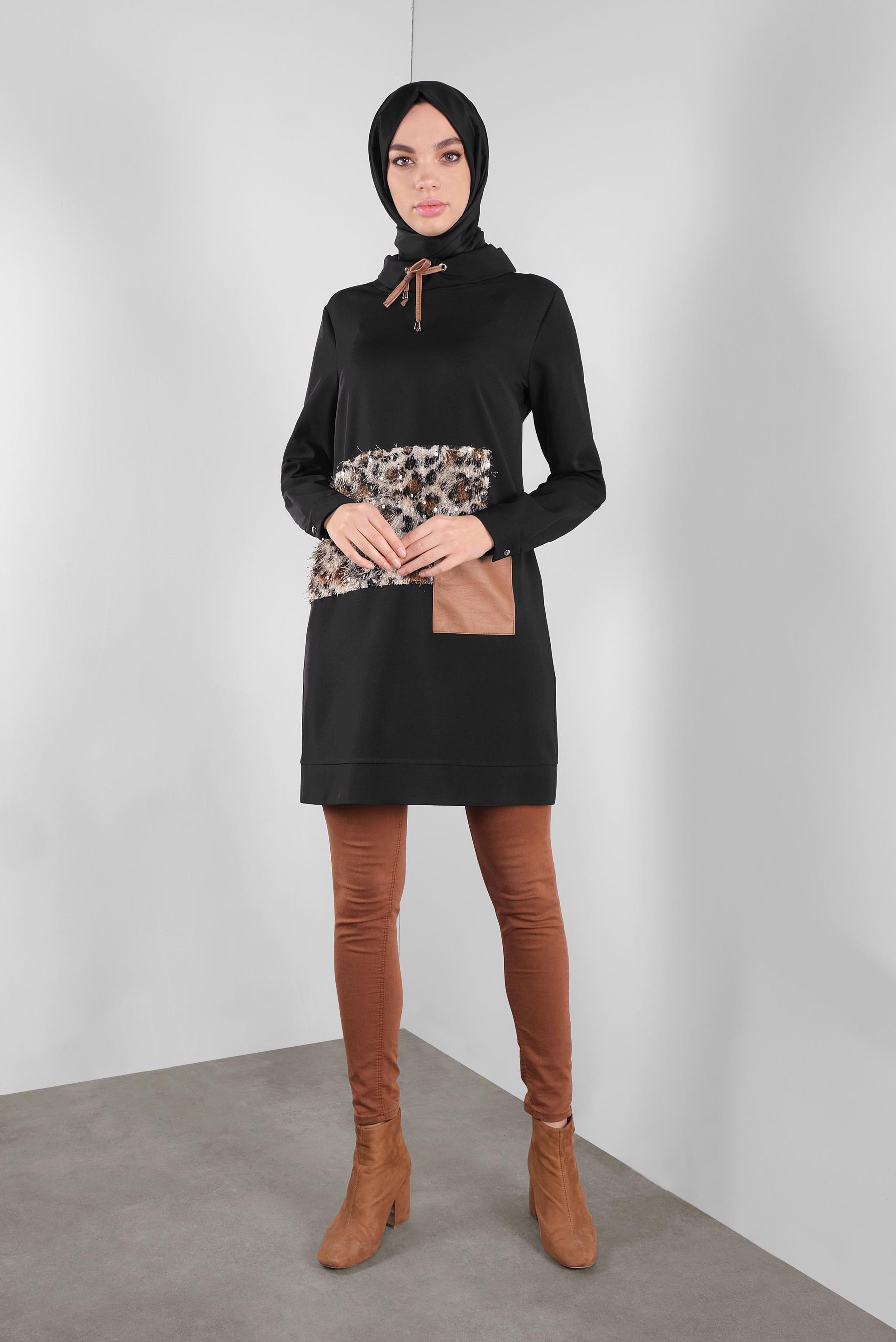 Tesettür giyim SİYAH PULLU LEOPARLI TUNİK 41132 