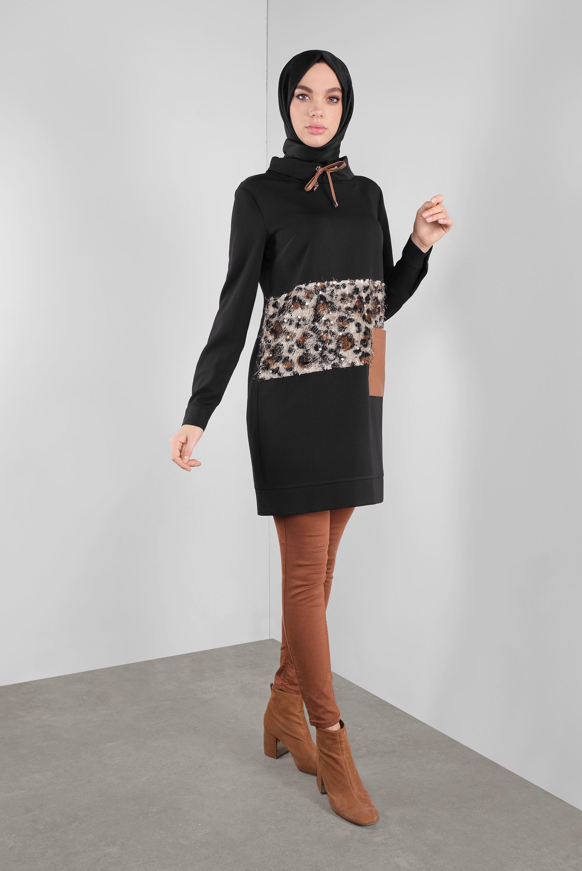 Tesettür giyim SİYAH PULLU LEOPARLI TUNİK 41132 