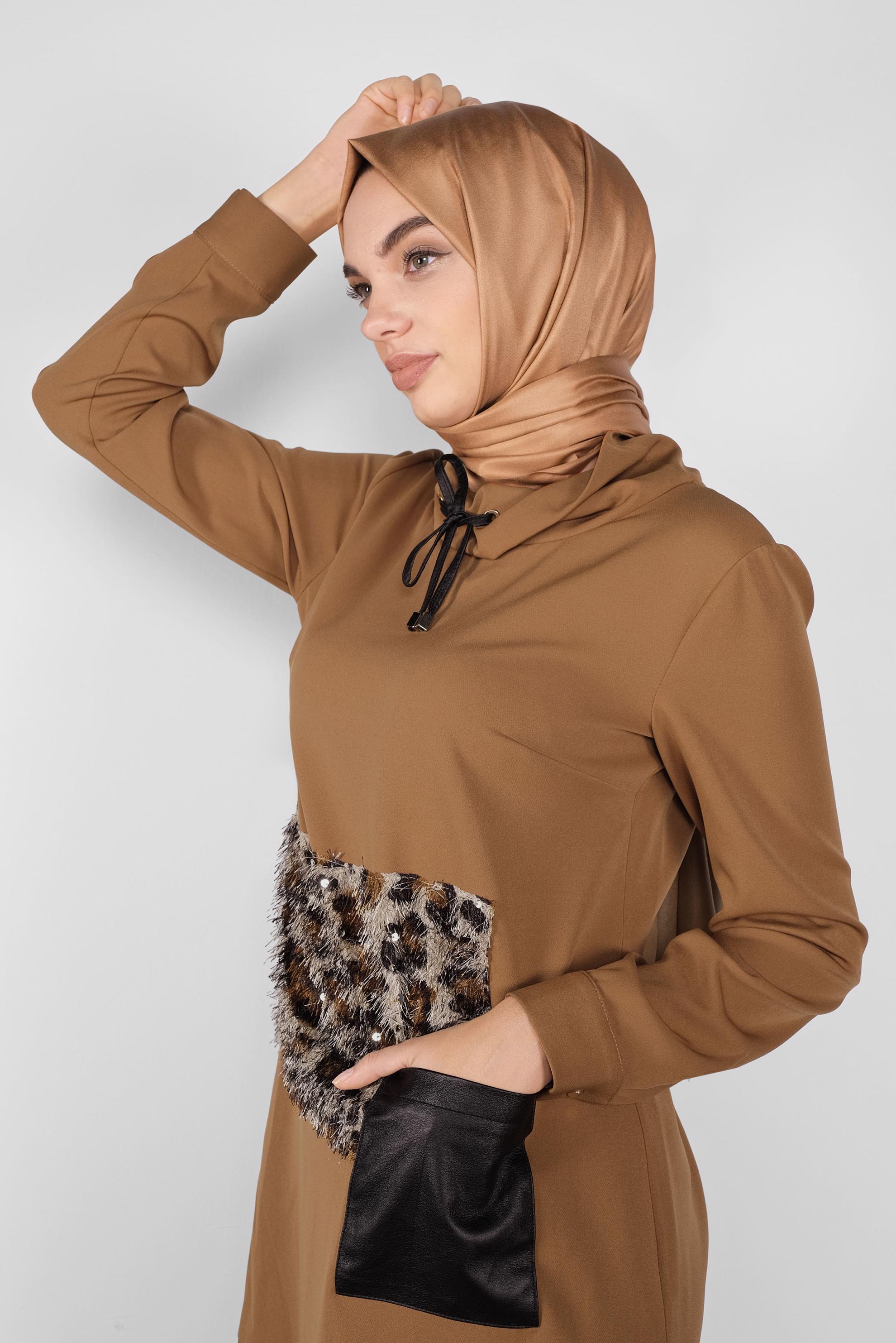 Tesettür giyim KAHVE PULLU LEOPARLI TUNİK 41132 