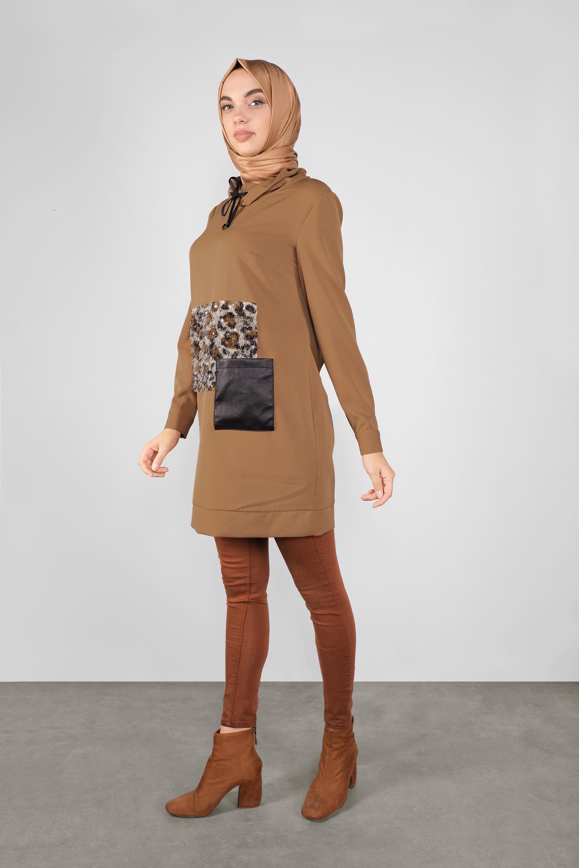 Tesettür giyim KAHVE PULLU LEOPARLI TUNİK 41132 