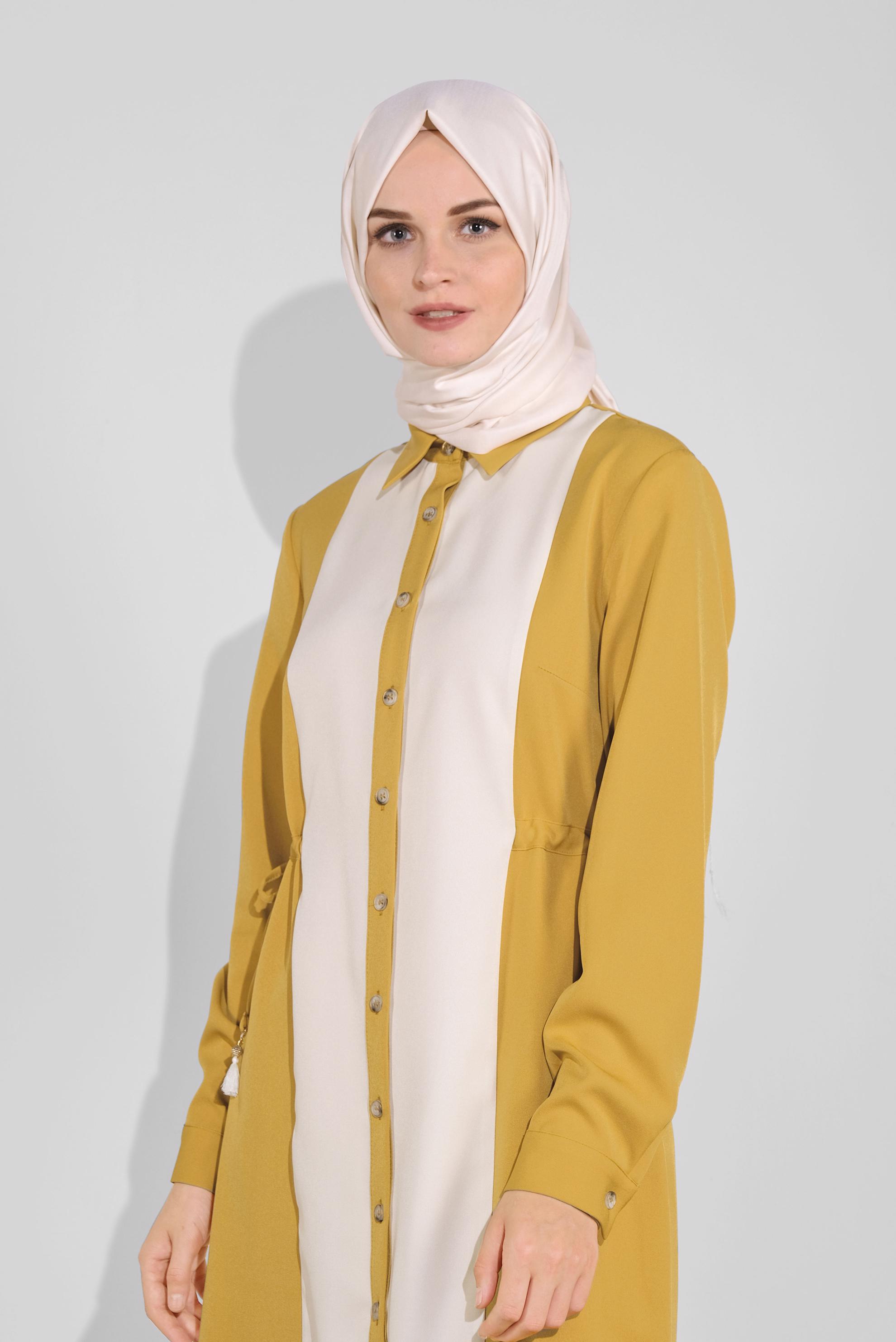 Tesettür giyim SARI KALIN ŞERİTLİ BOYDAN DÜĞMELİ TUNİK 41133 