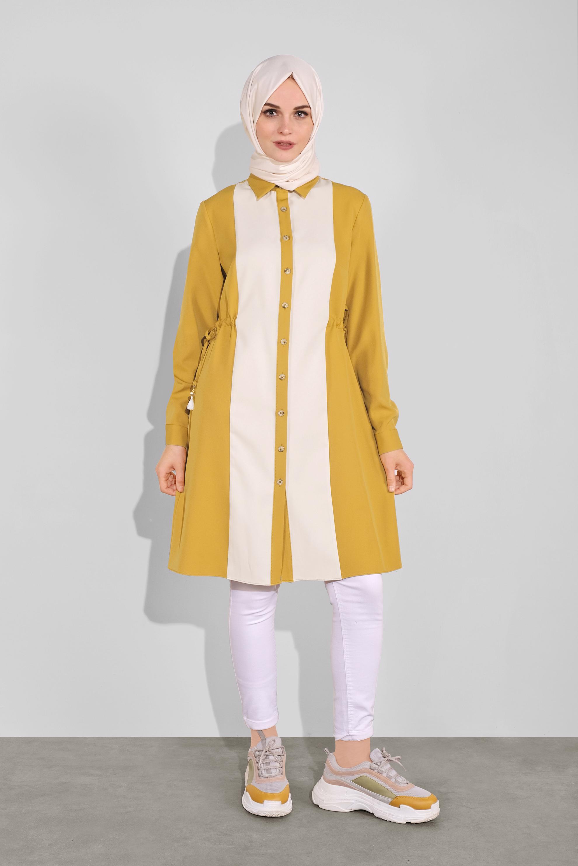 Tesettür giyim SARI KALIN ŞERİTLİ BOYDAN DÜĞMELİ TUNİK 41133 